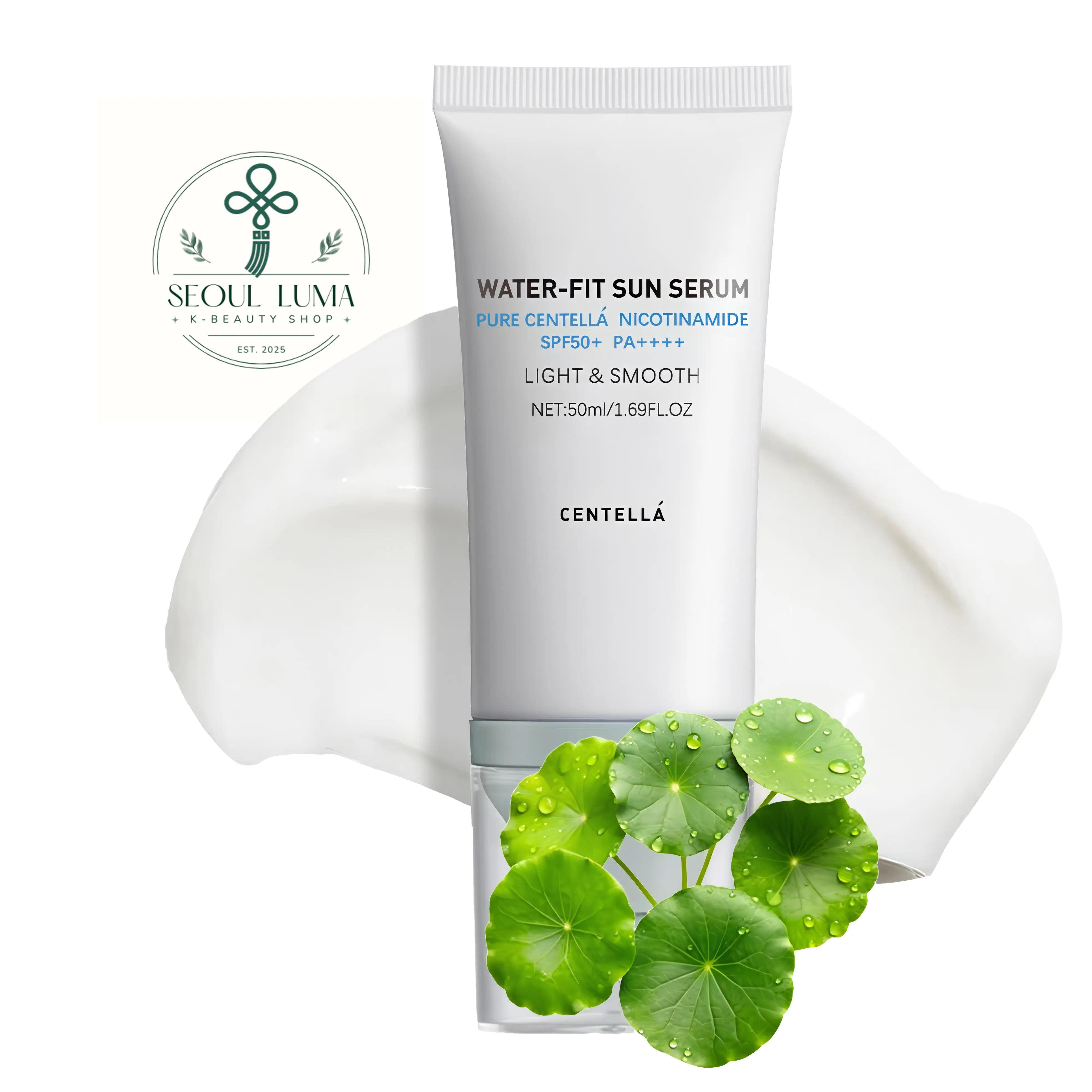 SKIN1004 Madagascar Centella Hyalu-Cica Water-Fit Sun Serum SPF50+ PA++++ (50ml). An ultra-lightweight, soothing chemical sunscreen serum with Centella Asiatica and Hyaluronic Acid that absorbs instantly without a white cast