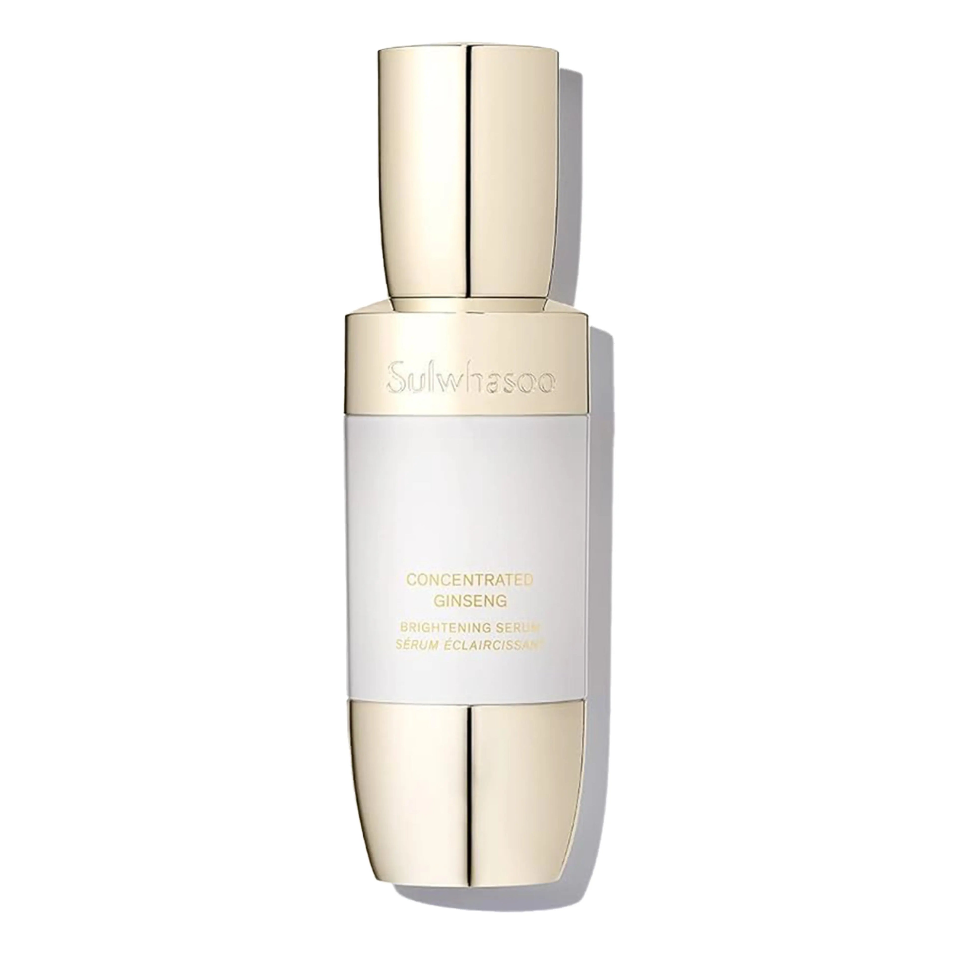 Sulwhasoo Concentrated Ginseng Brightening Ampoule in a 20g premium white and gold glass bottle. The visual showcases the milky, high-concentration brightening formula designed to target dark spots, yellowish dullness, and lost elasticity for a firm and radiant complexion. Perfect for mature and aging skin looking for professional-grade tone correction.