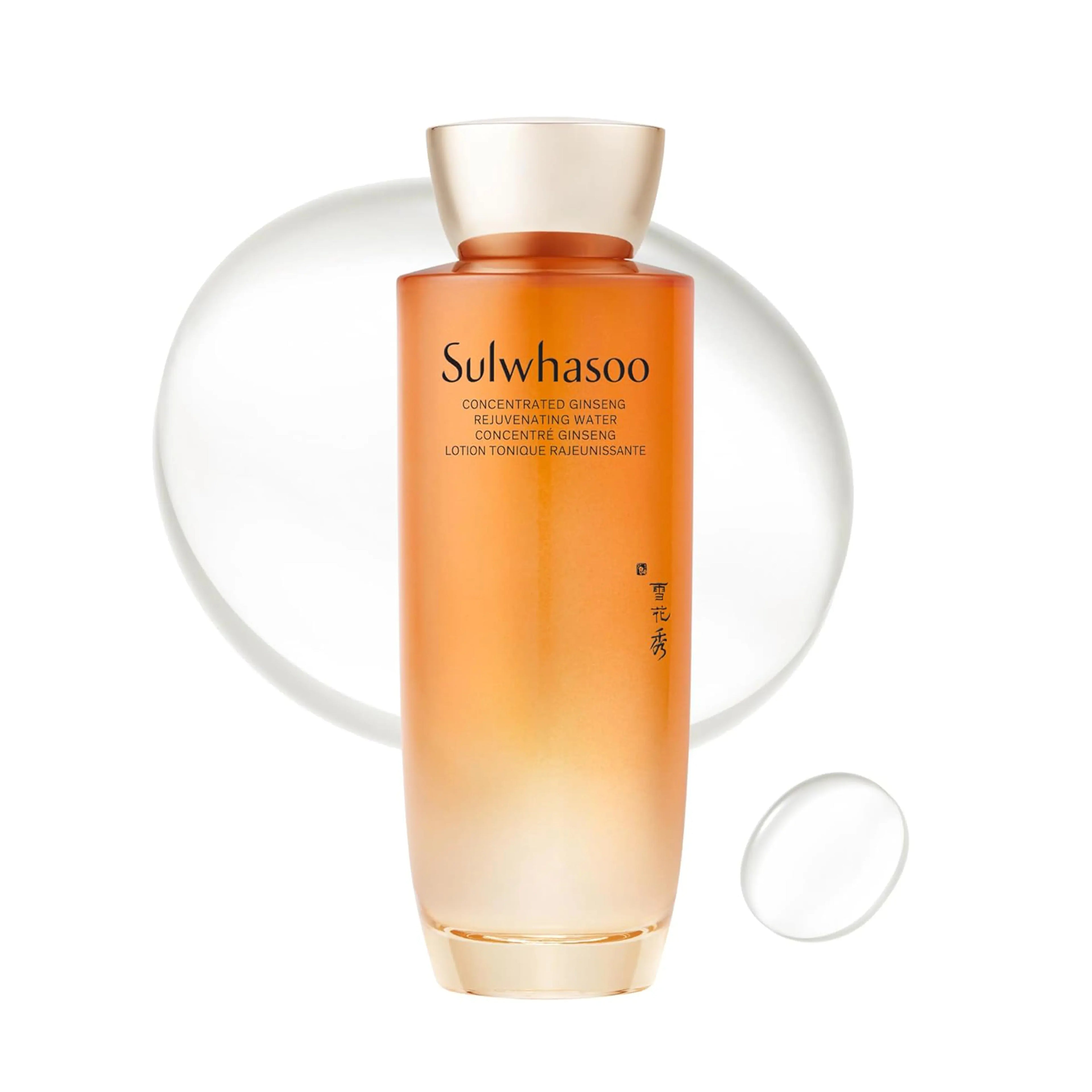 Sulwhasoo Concentrated Ginseng Rejuvenating Water (150ml), luxurious anti-aging toner for mature, dry skin with ginseng saponins, niacinamide, peptides, beta-glucan to deeply hydrate, boost elasticity, smooth wrinkles, brighten complexion.
