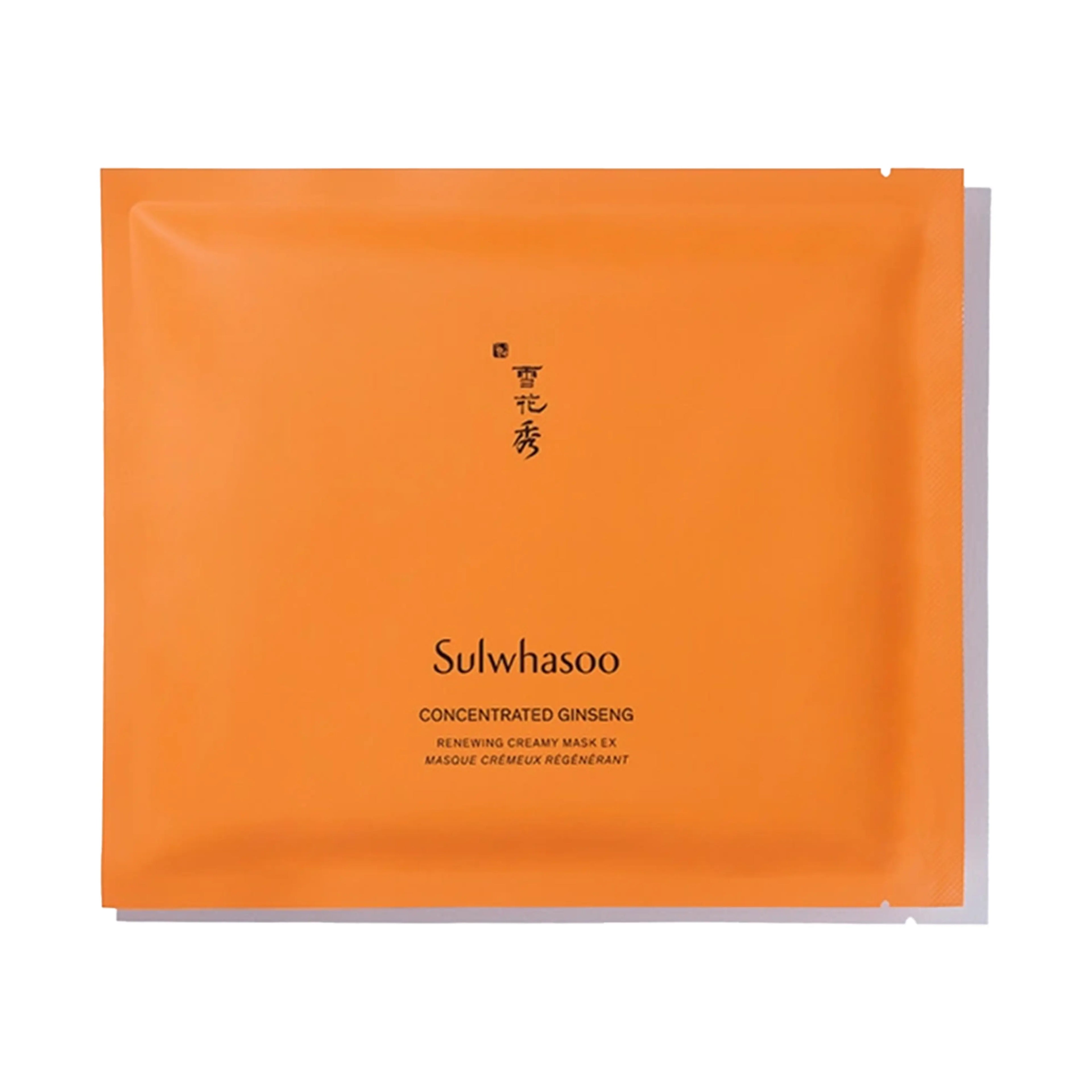 Sulwhasoo Concentrated Ginseng Renewing Creamy Mask (10 pieces). A premium anti-aging sheet mask featuring Ginsenomics to intensively firm skin, reduce wrinkles, and provide deep nourishment.