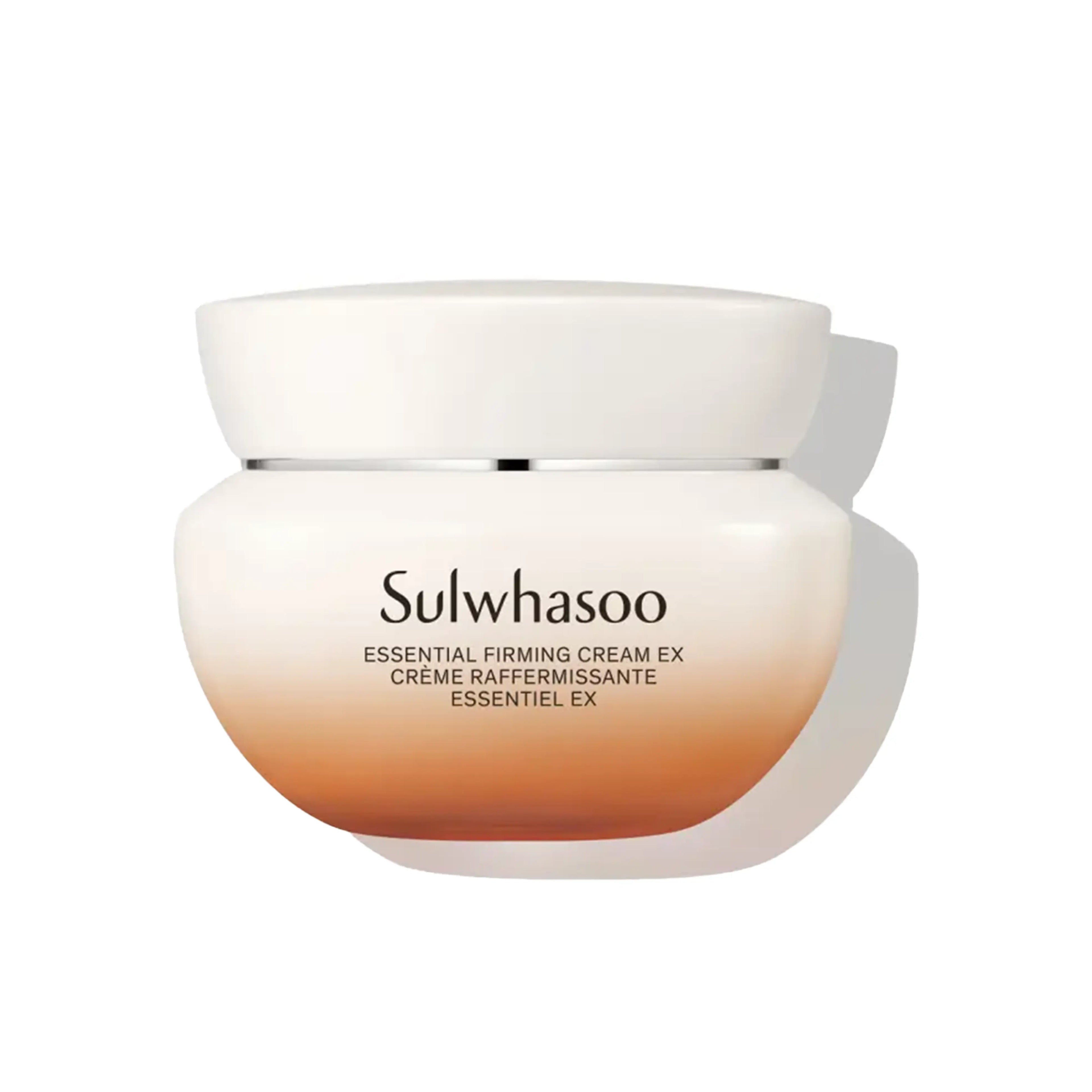 Sulwhasoo Essential Comfort Firming Cream in a white jar. A smooth, whipped cream texture deeply hydrates, boosts elasticity, and soothes dry, sagging skin for a bouncy, firm finish.