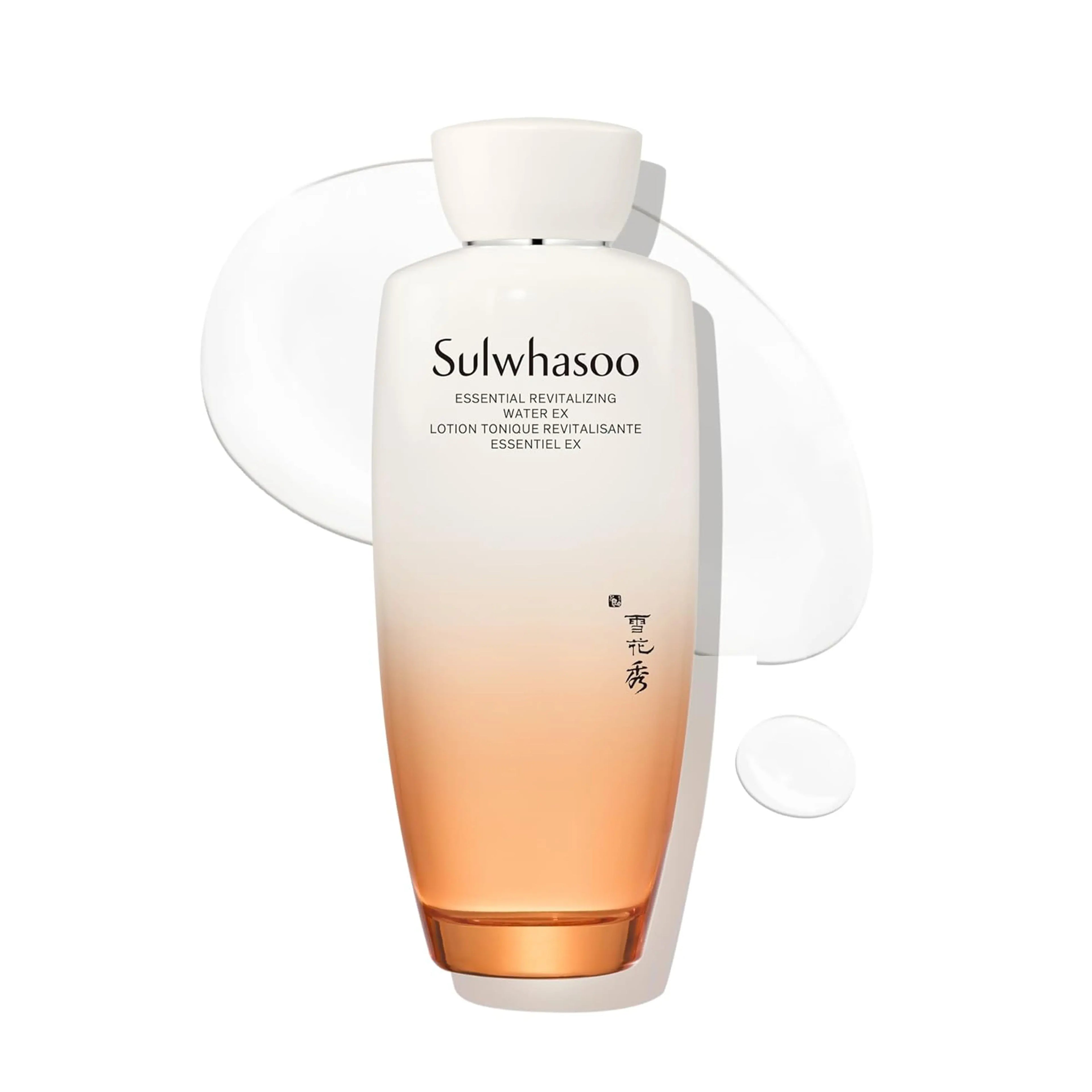 Sulwhasoo Essential Revitalizing Water EX (150ml), lightweight hydrating toner for all skin types with plum blossom extract, Jaeumdan herbs, carnosine, glutathione to deeply moisturize, soothe, strengthen barrier, boost radiance and elasticity.
