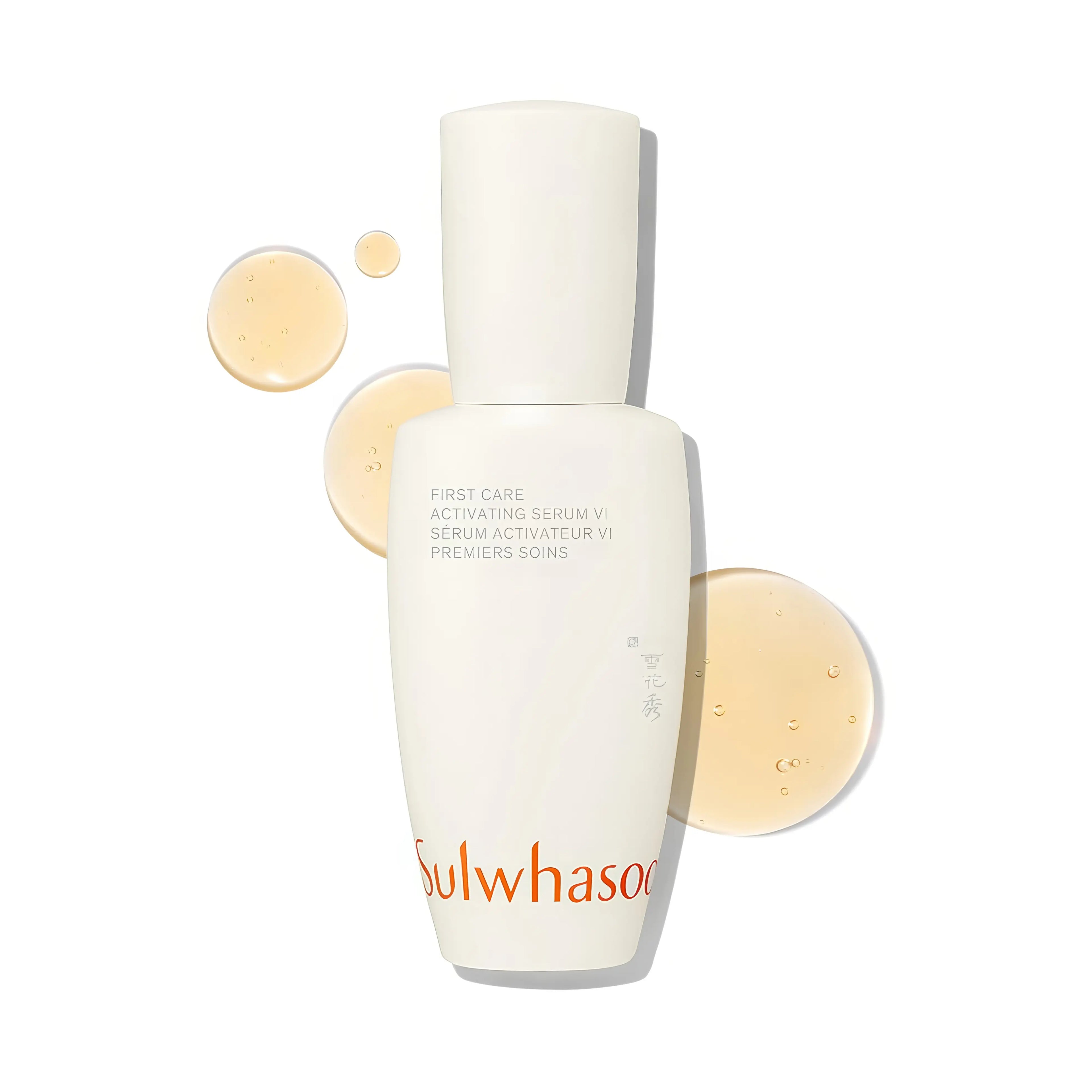 Sulwhasoo First Care Activating Serum VI (90ml), lightweight activating serum for all skin types with JAUM Activator™, aged ginseng extract, ethyl ascorbic acid, madecassoside, licorice root to boost hydration, strengthen barrier, brighten tone, improve elasticity.
