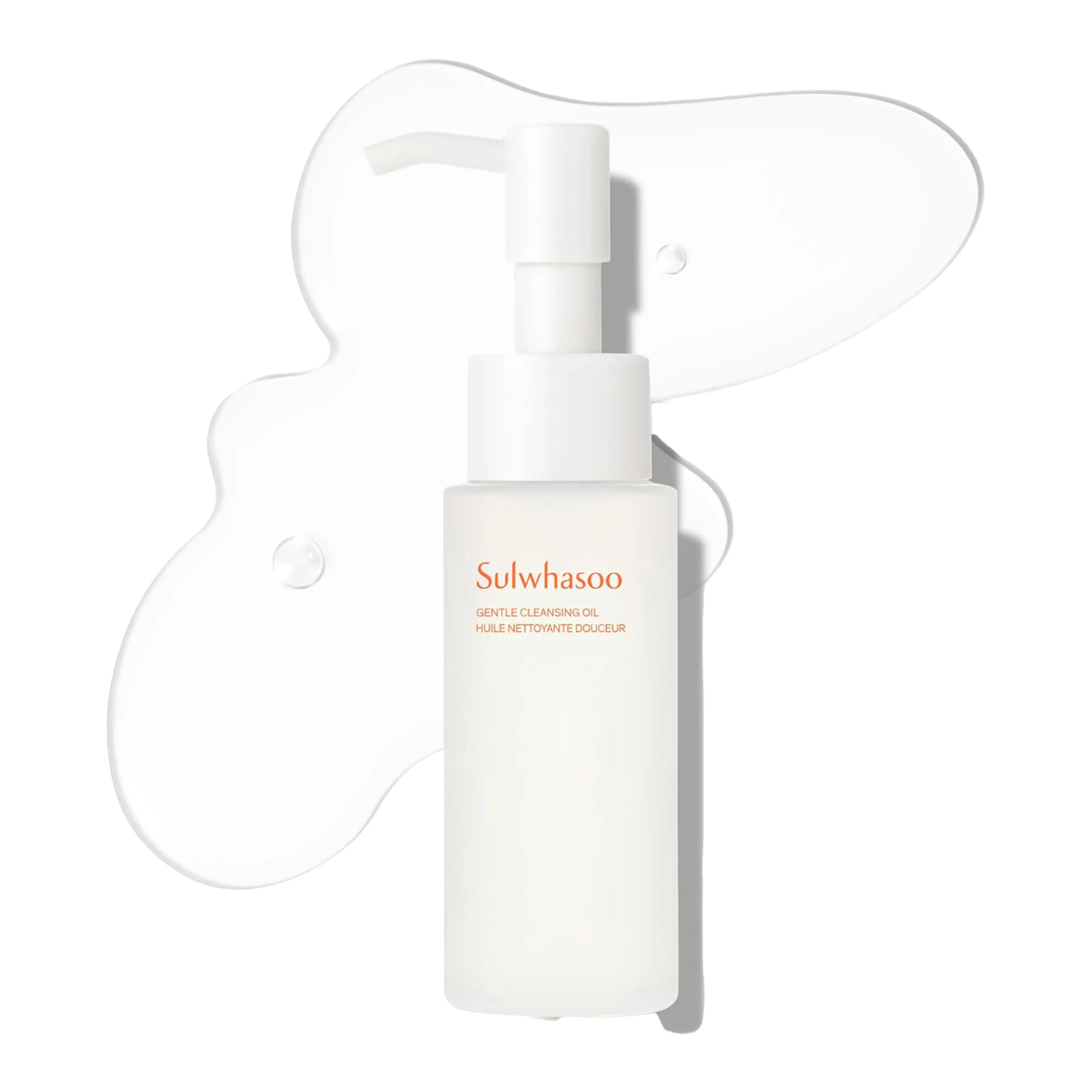 Sulwhasoo Gentle Cleansing Oil in a 200ml clear pump bottle. A lightweight, golden oil formula rapidly dissolves waterproof makeup, clears blackheads, and removes pore impurities. Emulsifies easily with water to leave skin hydrated, refreshed, and free of greasy residue.