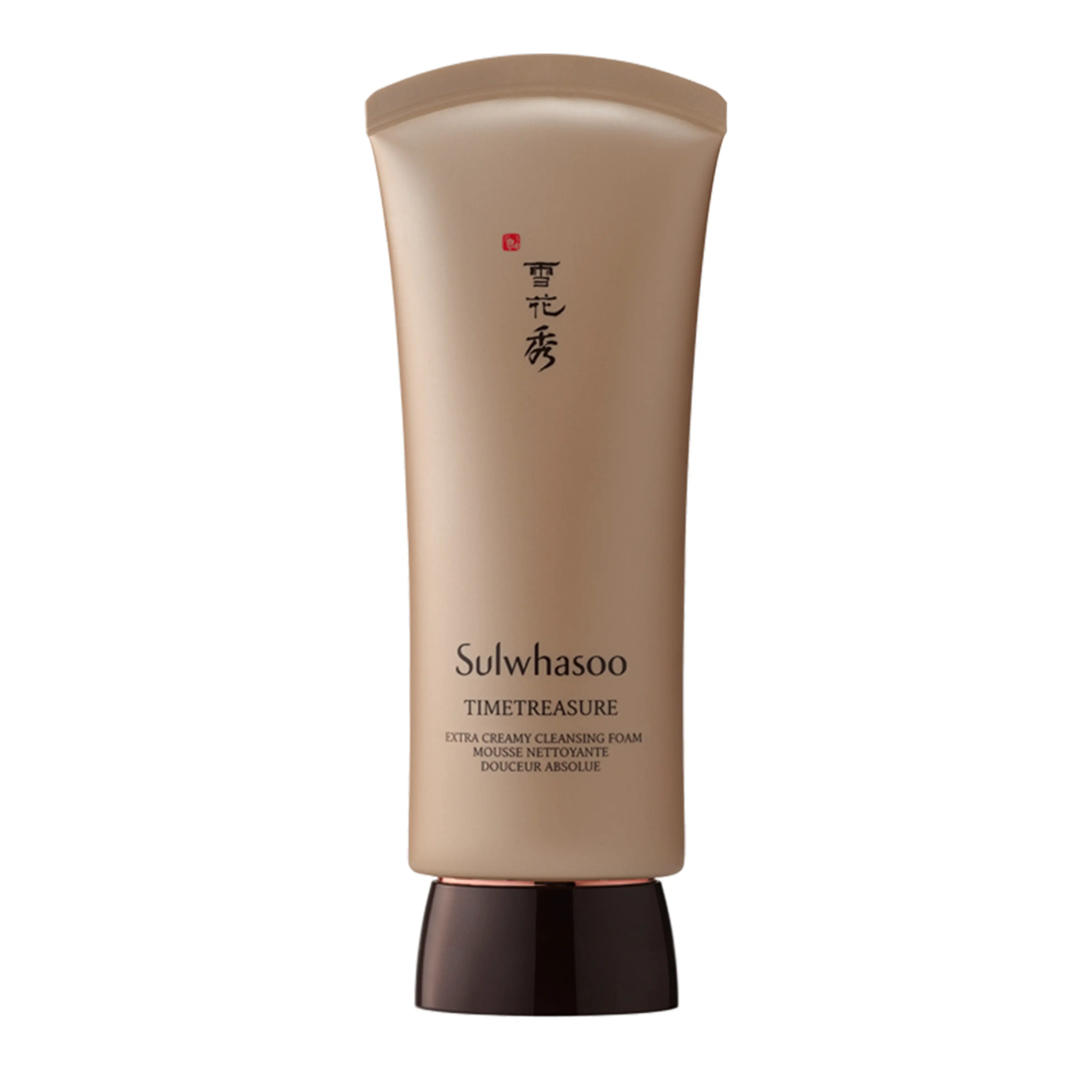 Sulwhasoo Timetreasure Extra Creamy Cleansing Foam in an elegant 150g brown and gold tube. An exceptionally rich, creamy lather gently lifts impurities while delivering intense moisture and firming benefits. Formulated for mature and extremely dry skin to eliminate tightness and provide a silky, nourished finish.