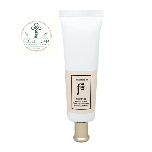 The History of Whoo Gongjinhyang Seol Radiant White Tone Up Sunscreen SPF50+ PA++++ (50ml). A luxurious pink-tinted brightening sunscreen with royal herbal ingredients for instant radiance and UV protection