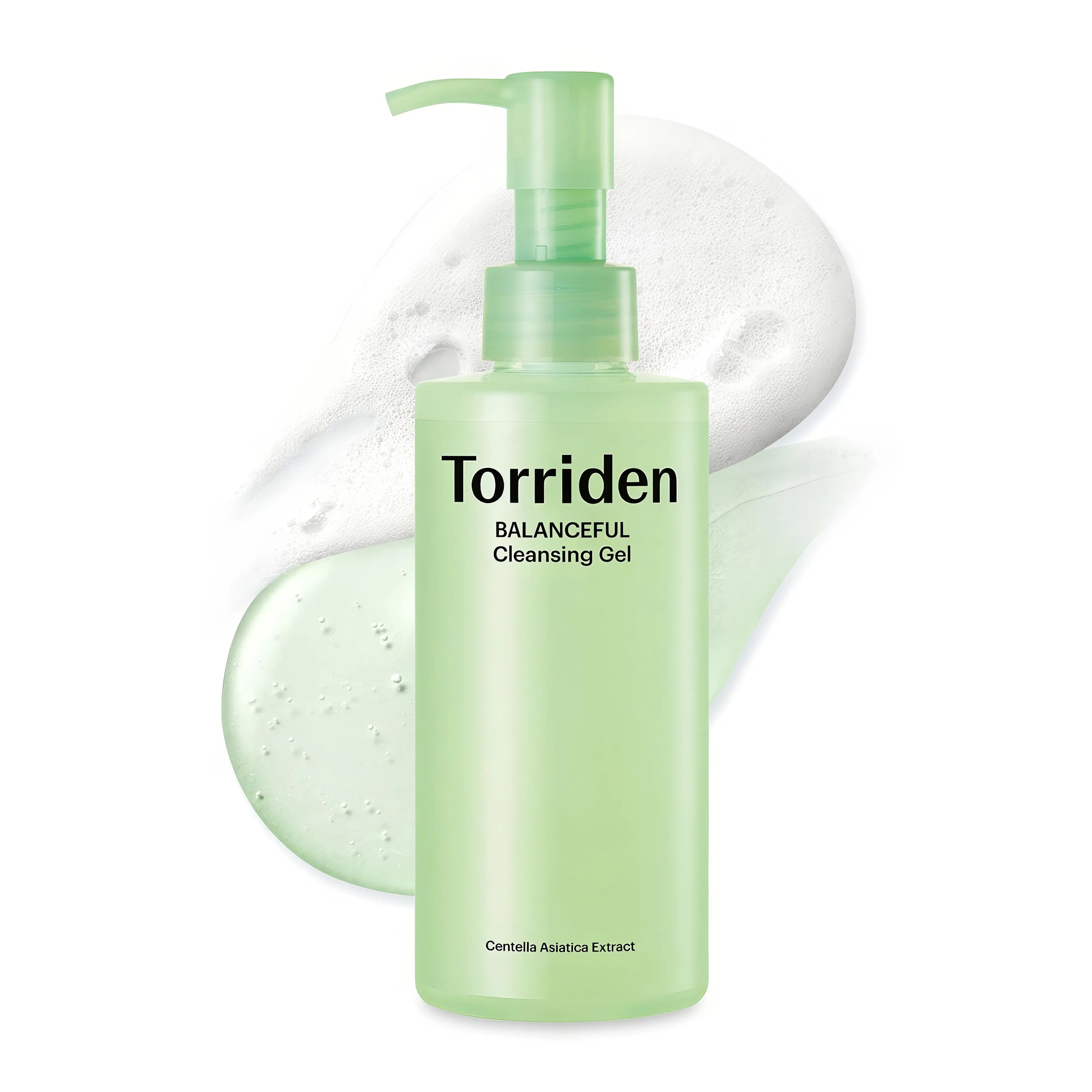 Torriden BALANCEFUL Cica Cleansing Gel (200ml), gentle low-pH gel cleanser for sensitive, oily, acne-prone, combination skin with 5D Cica complex (T-Percent Calming Complex, madecassoside, asiaticoside, asiatic acid, madecassic acid), LHA (capryloyl salicylic acid), panthenol, ceramide NP, allantoin, neem extracts to deeply cleanse pores, remove excess sebum, mildly exfoliate, soothe irritation, calm redness, balance oil-moisture, strengthen barrier.
