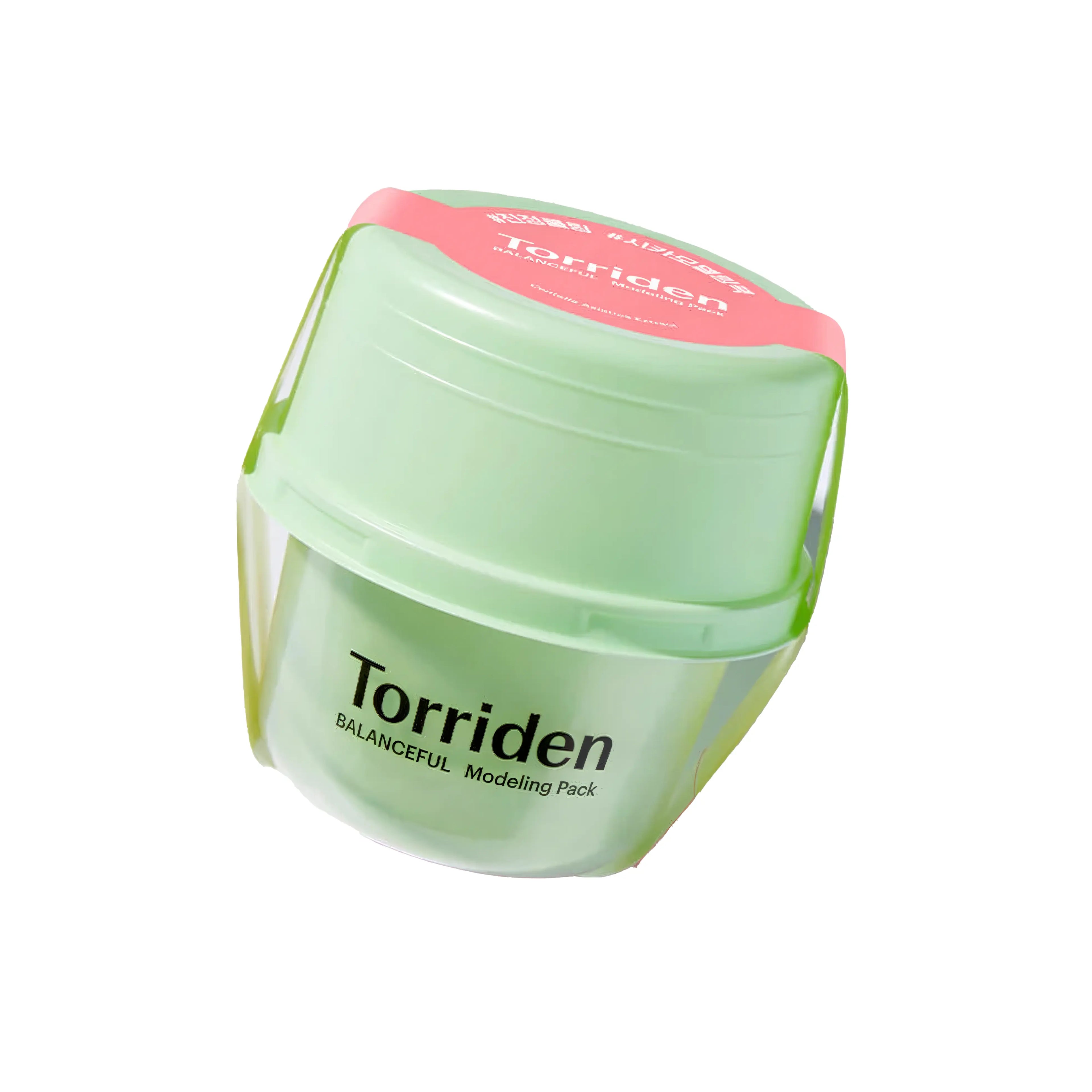 Torriden BALANCEFUL Cica Modeling Pack 30g pouch showcasing a thick, green-tinted rubber mask texture. The visual demonstrates the mask's ability to provide instant redness relief and intensive calming for sensitive or acne-prone skin through a professional home spa treatment. Highlights the soothing power of the 5D Cica Complex for a clear, refreshed, and healthy complexion.
