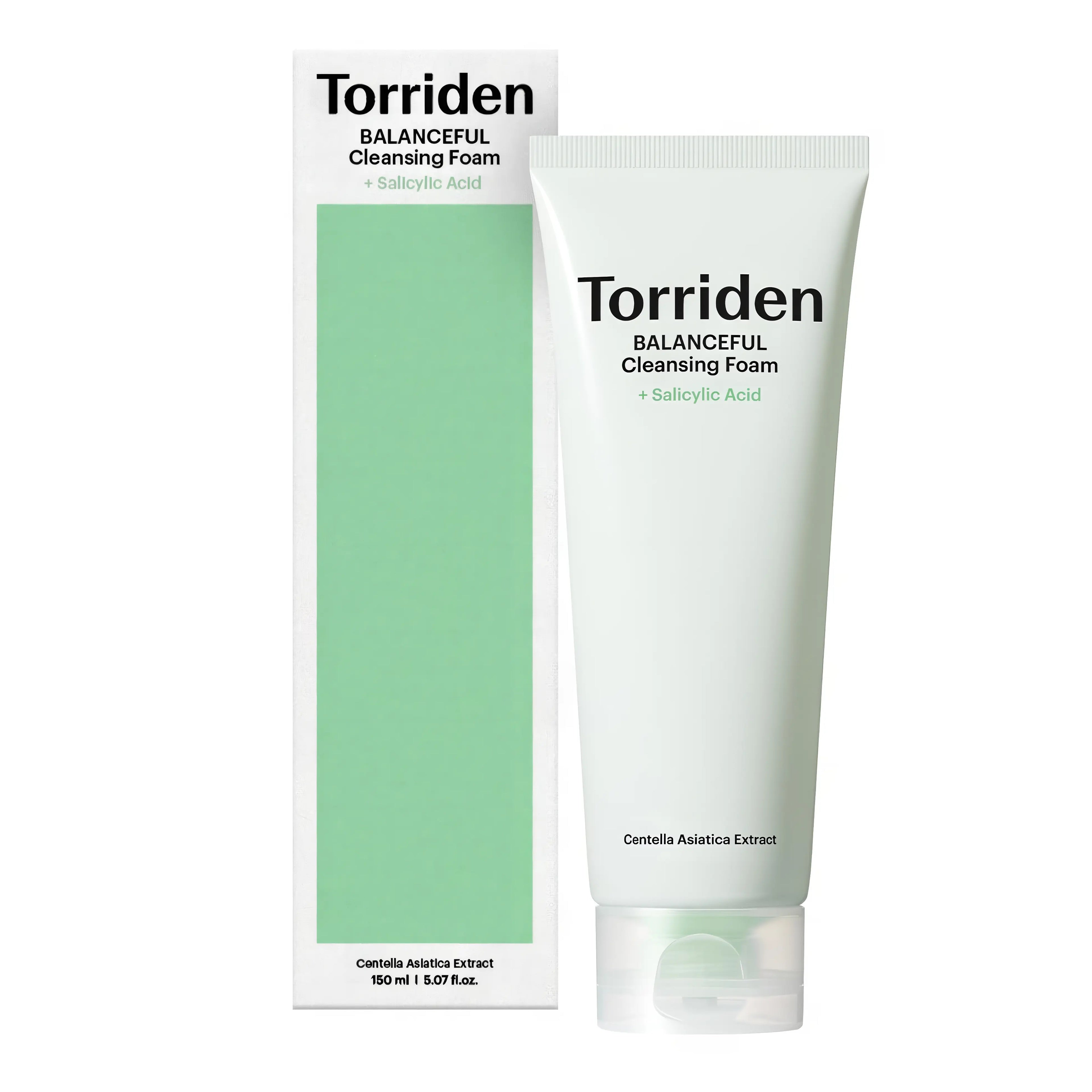 Torriden BALANCEFUL Cica Pore Cleansing Foam (150ml), rich foaming cleanser for sensitive, oily, acne-prone skin with 5D Cica complex, BHA salicylic acid, PHA gluconolactone, LHA, panthenol, allantoin to deeply cleanse pores, control sebum, gently exfoliate, soothe redness, calm irritation, strengthen barrier without stripping moisture.
