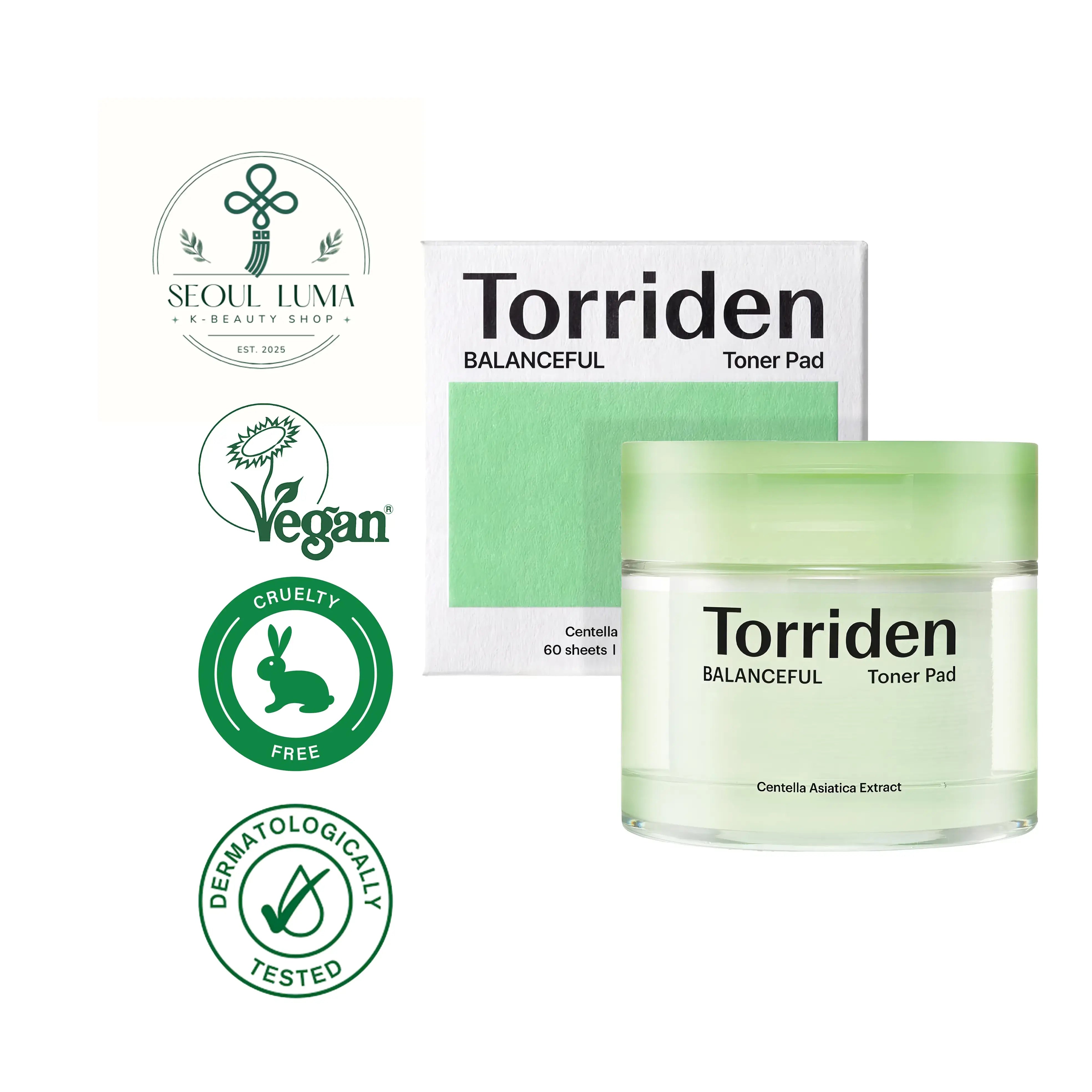 TORRIDEN BALANCEFUL Cica Toner Pad with 5D Cica Complex, LHA, PHA, and dual-sided design for gentle exfoliation and pore care