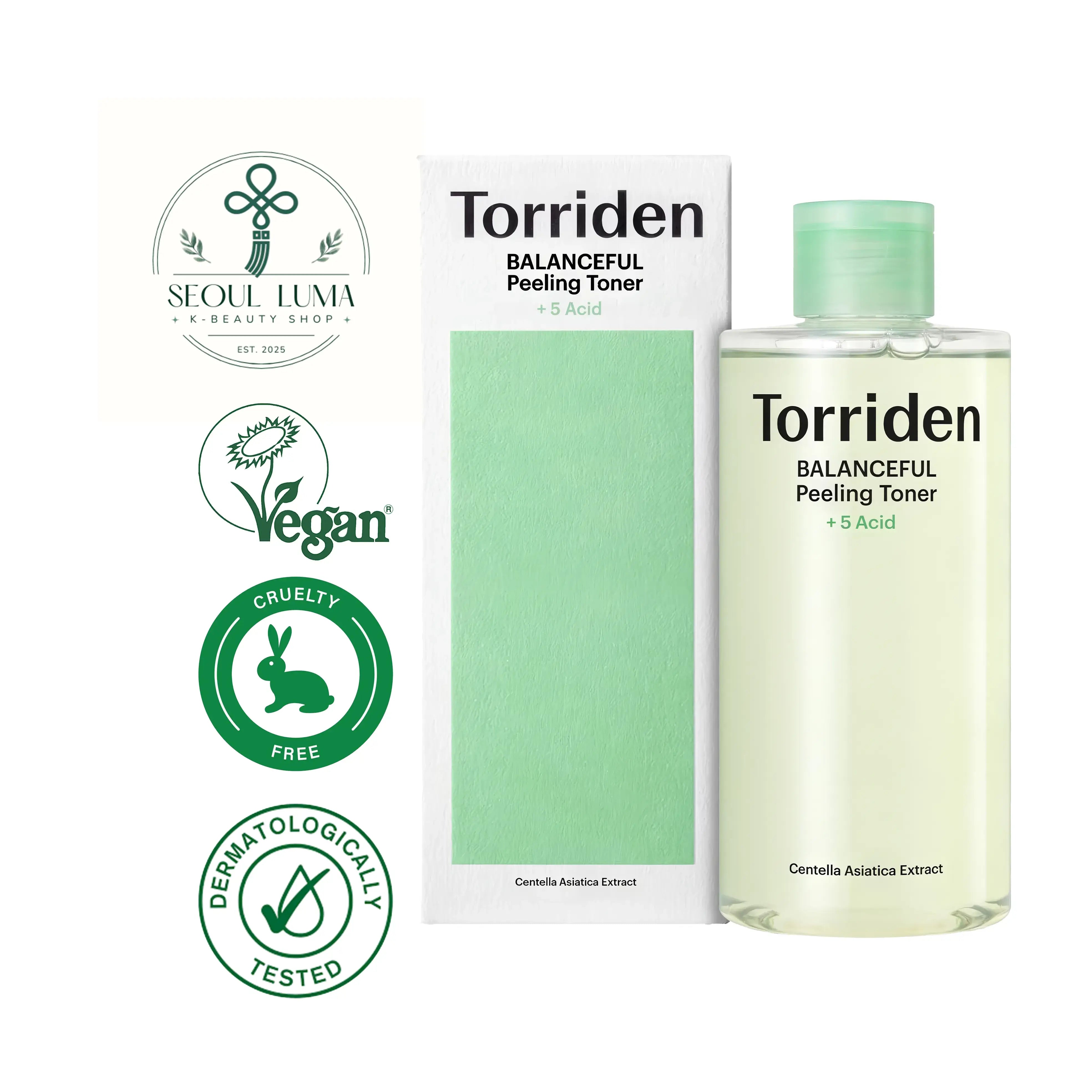 TORRIDEN BALANCEFUL Peeling Toner with 5D Cica Complex, AHA, BHA, PHA, LHA for gentle multi-acid exfoliation and pore refinement
