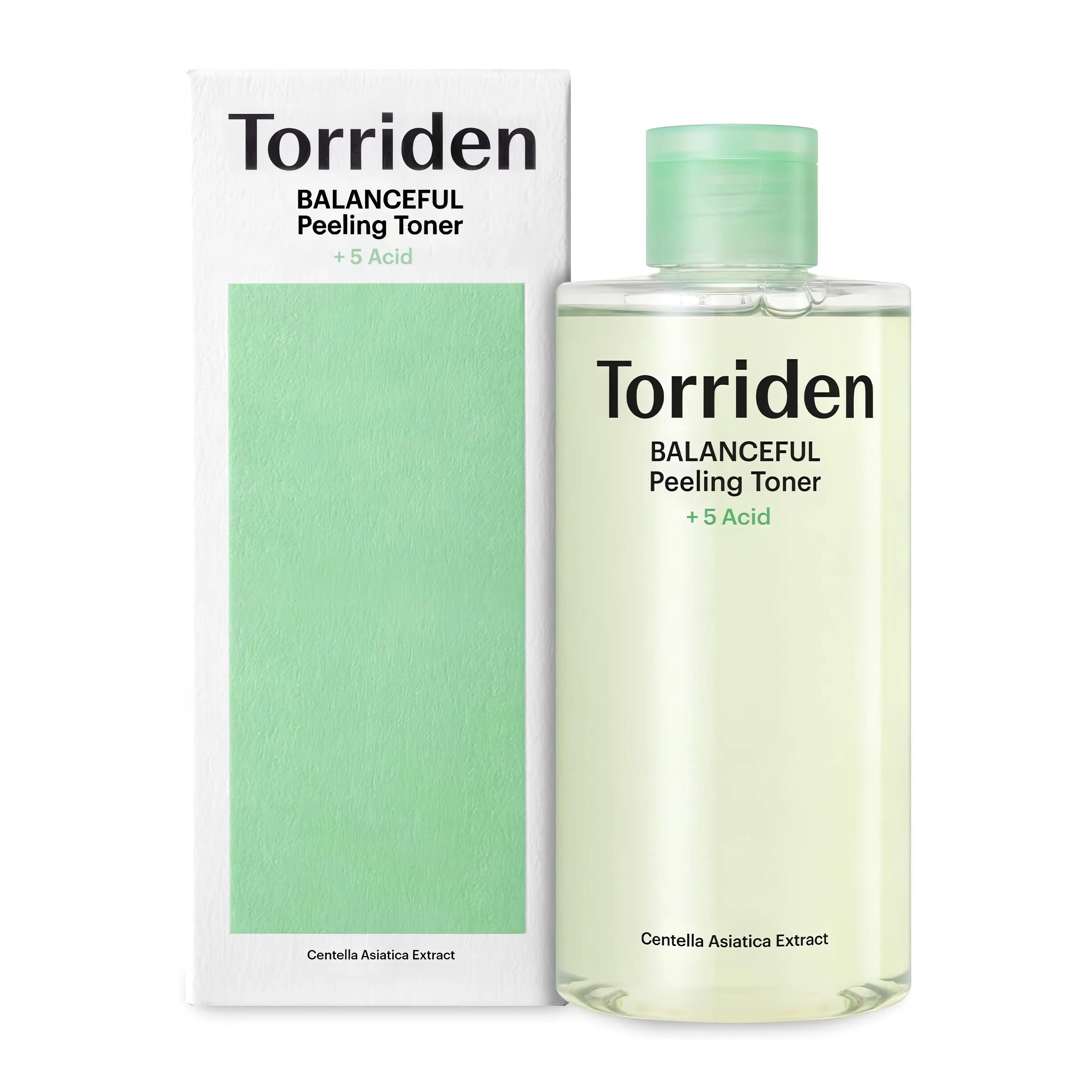 Torriden BALANCEFUL Peeling Toner (250ml), gentle chemical exfoliating toner for sensitive, acne-prone, oily skin with PHA, AHA, BHA, LHA, 5D Centella complex, niacinamide, ceramide NP, panthenol, beta-glucan to remove dead cells, unclog pores, control sebum, soothe redness, brighten, hydrate, strengthen barrier.
