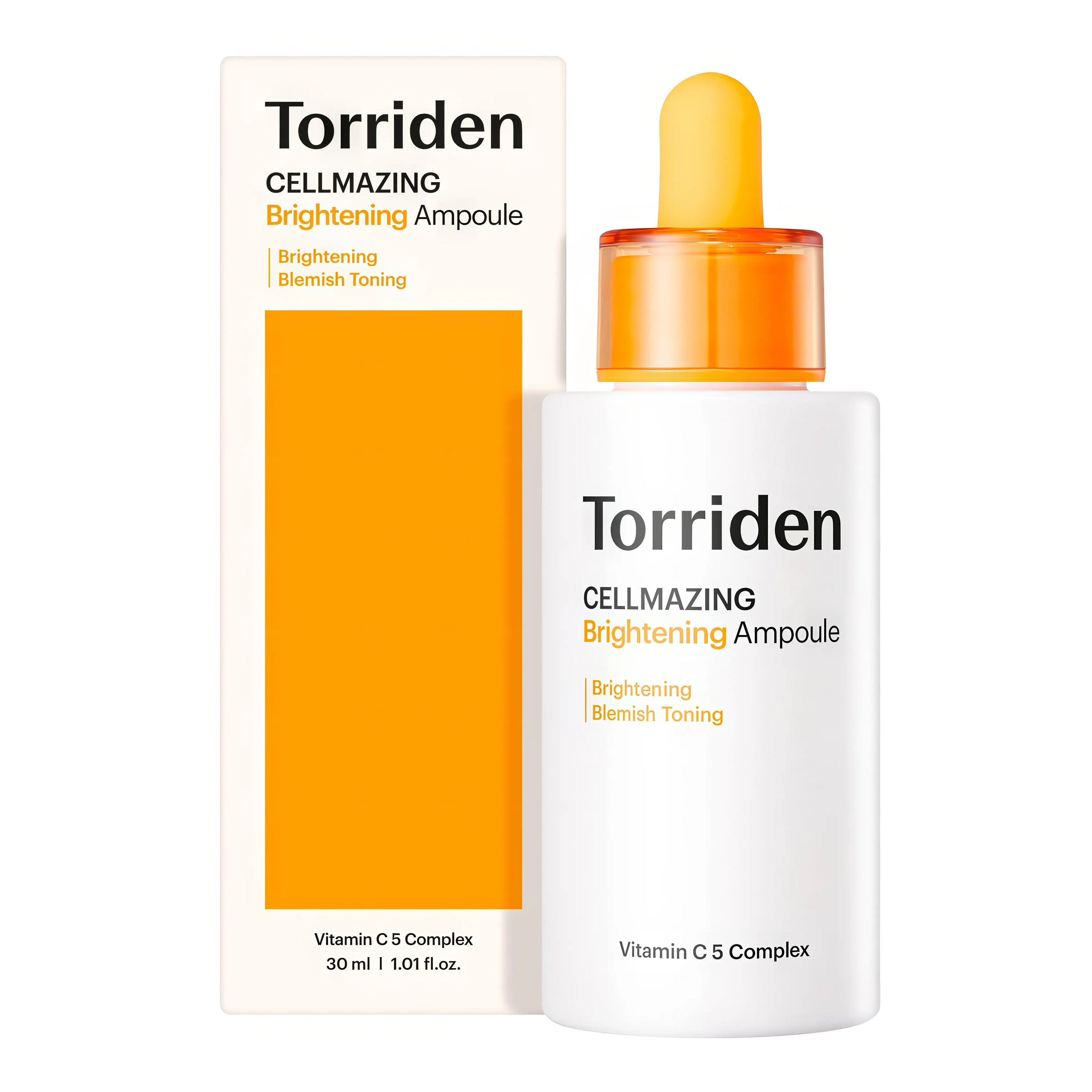 Torriden CELLMAZING Vita C Brightening Ampoule (30ml), lightweight vitamin C serum for dull, hyperpigmented skin with 5D liposome vitamin C complex, niacinamide, seaweed extracts, panthenol, ferulic acid to fade dark spots, even tone, refine pores, boost radiance without irritation.
