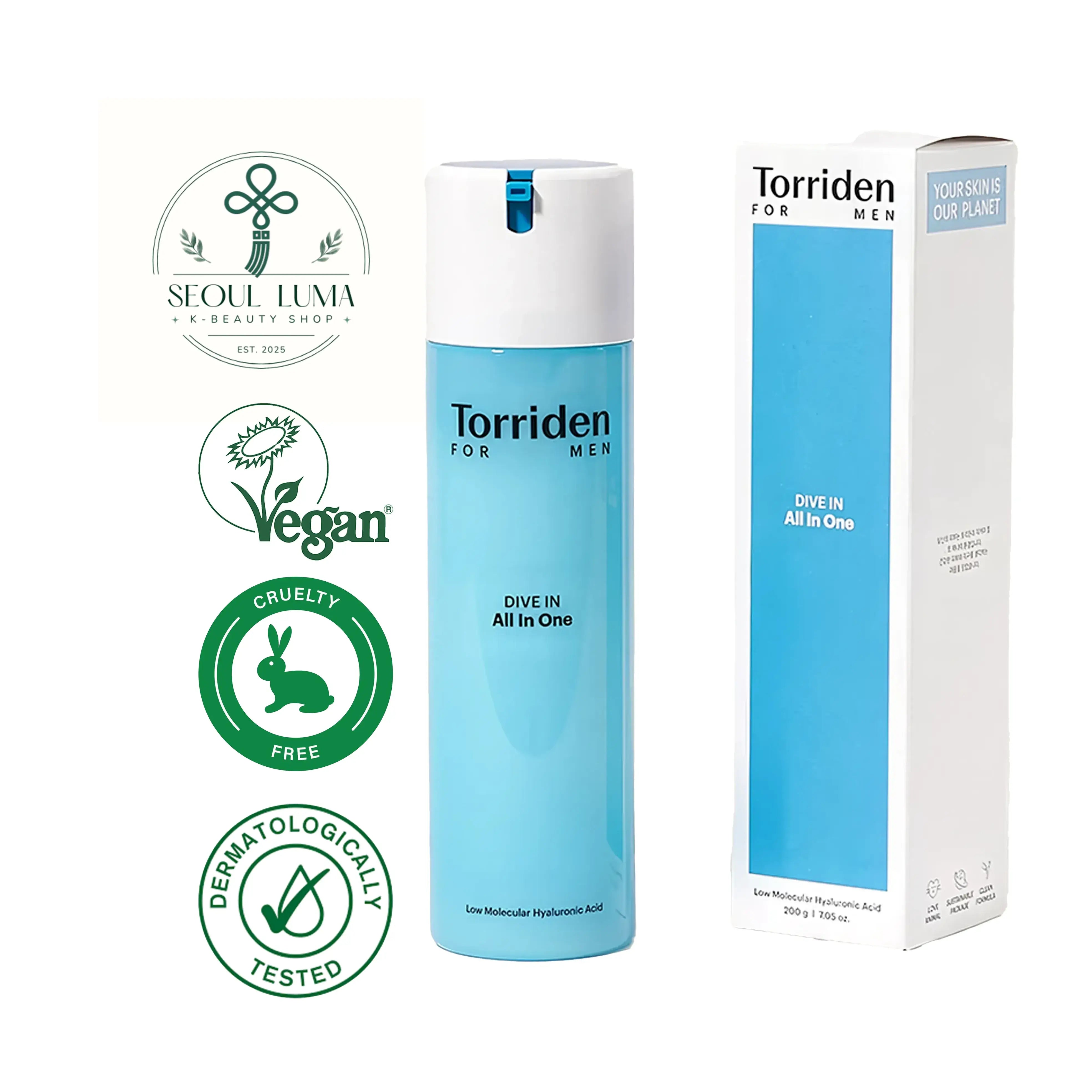 TORRIDEN DIVE-IN Low Molecular Hyaluronic All-in-One for Men with 5D complex hyaluronic acid, zinc PCA, and peptides for men's comprehensive skincare