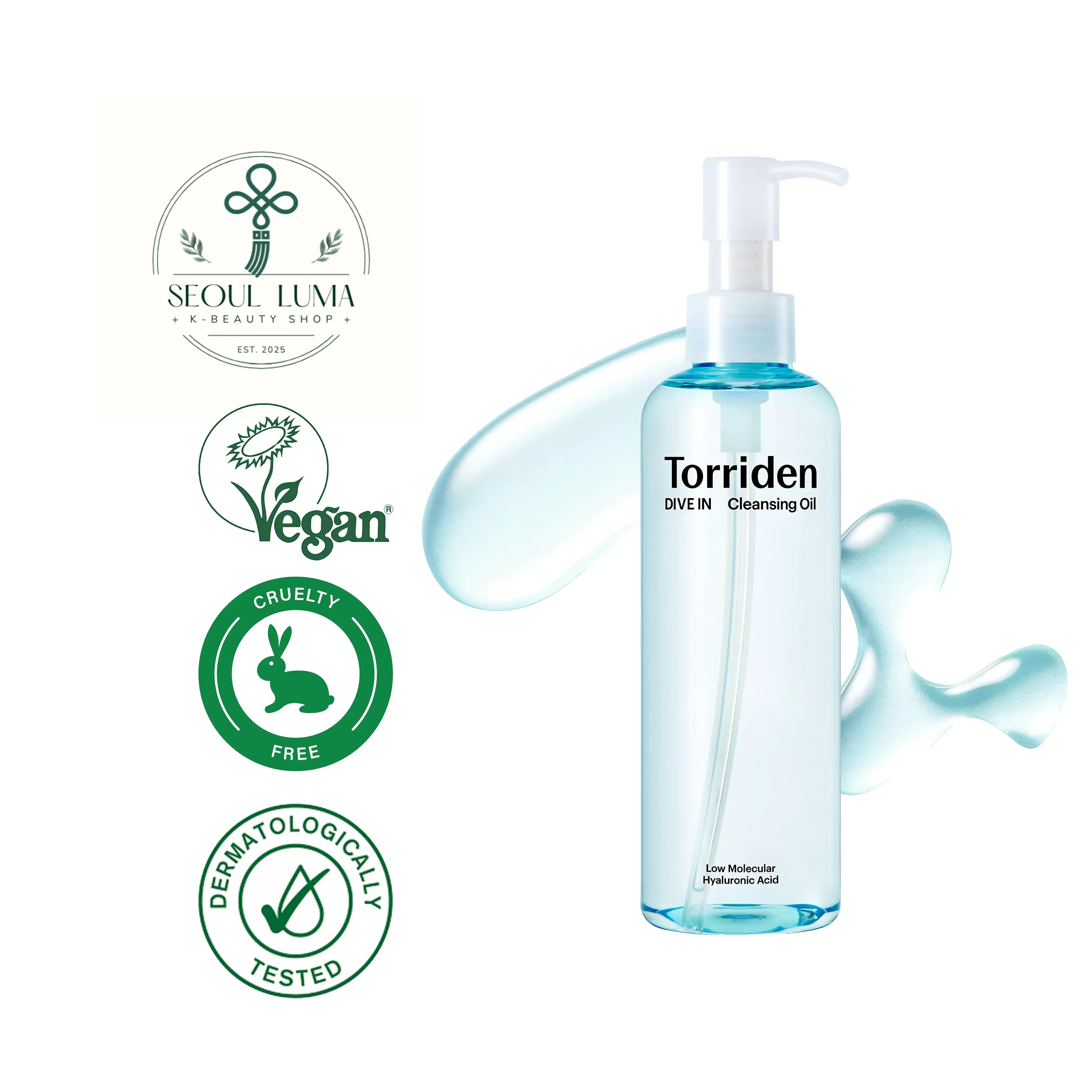 TORRIDEN DIVE-IN Low Molecular Hyaluronic Cleansing Oil with 8D complex, panthenol, and bergamot oil for deep makeup removal and hydration