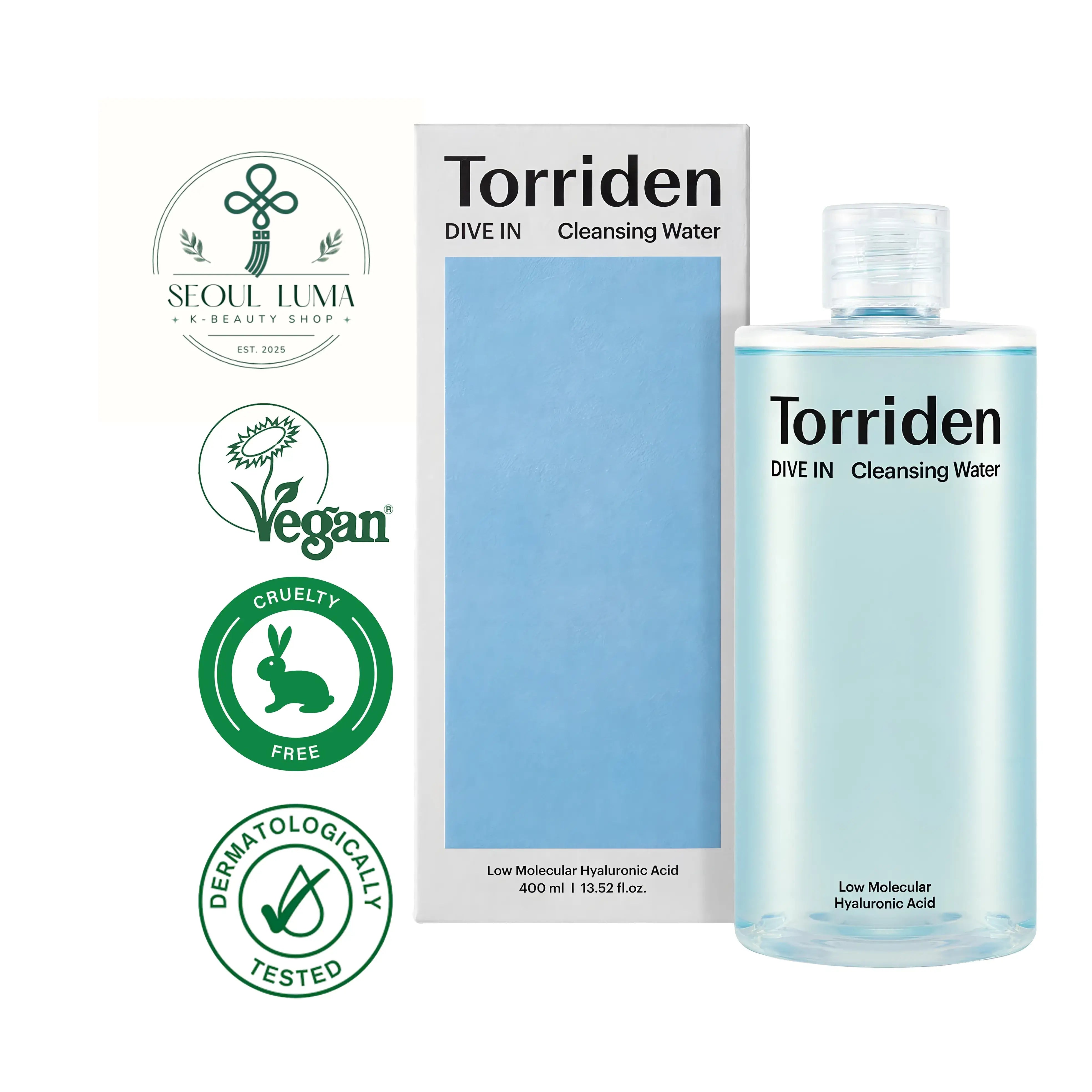 TORRIDEN DIVE-IN Low Molecular Hyaluronic Cleansing Water with 8D complex, panthenol, and witch hazel for gentle makeup removal and hydration