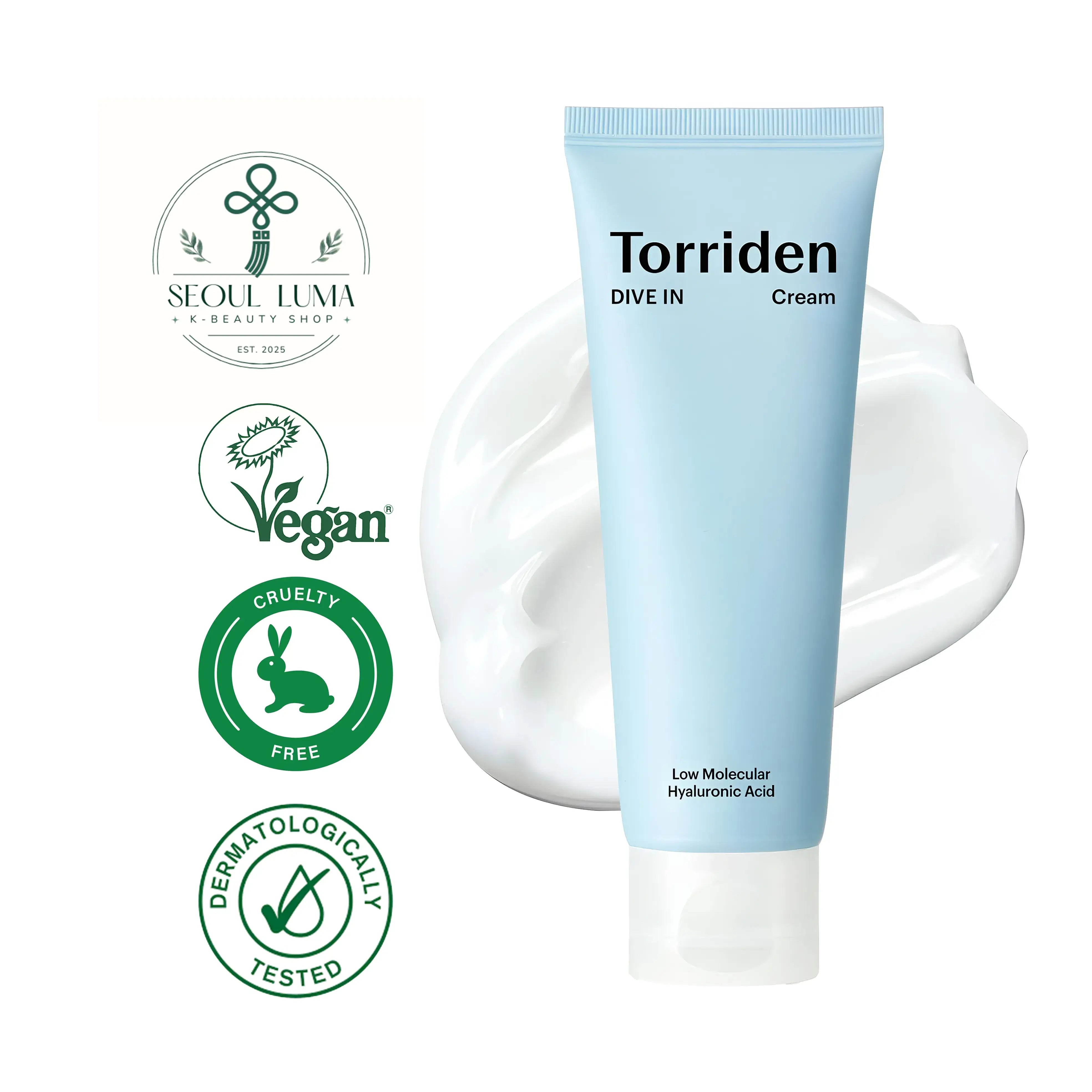 TORRIDEN DIVE-IN Low Molecular Hyaluronic Cream with 5D complex, sh-Oligopeptide-1, and malachite extract for deep hydration and barrier support