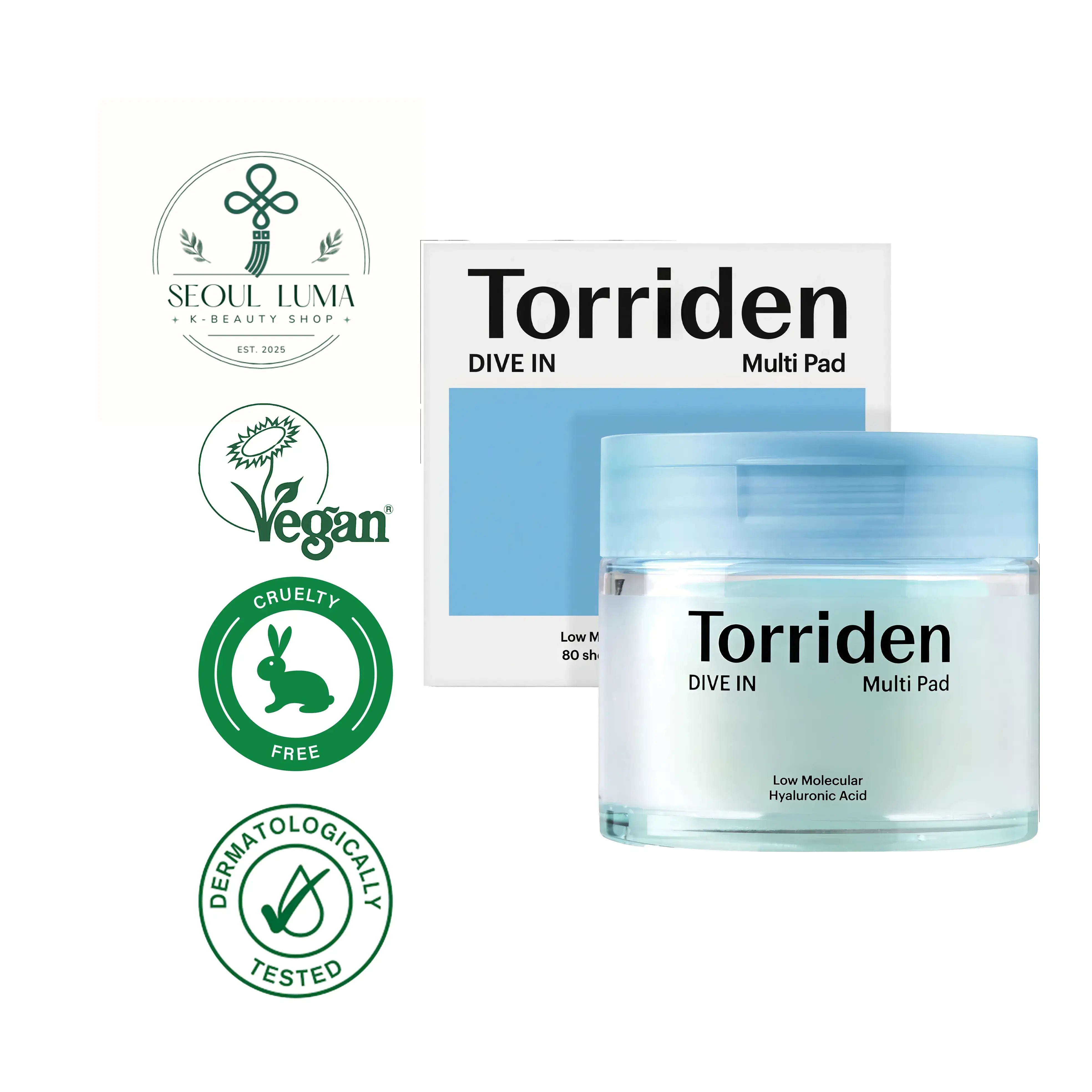 TORRIDEN DIVE-IN Low Molecular Hyaluronic Multi Pad with 5D complex, PHA, and cooling essence for instant hydration and gentle exfoliation