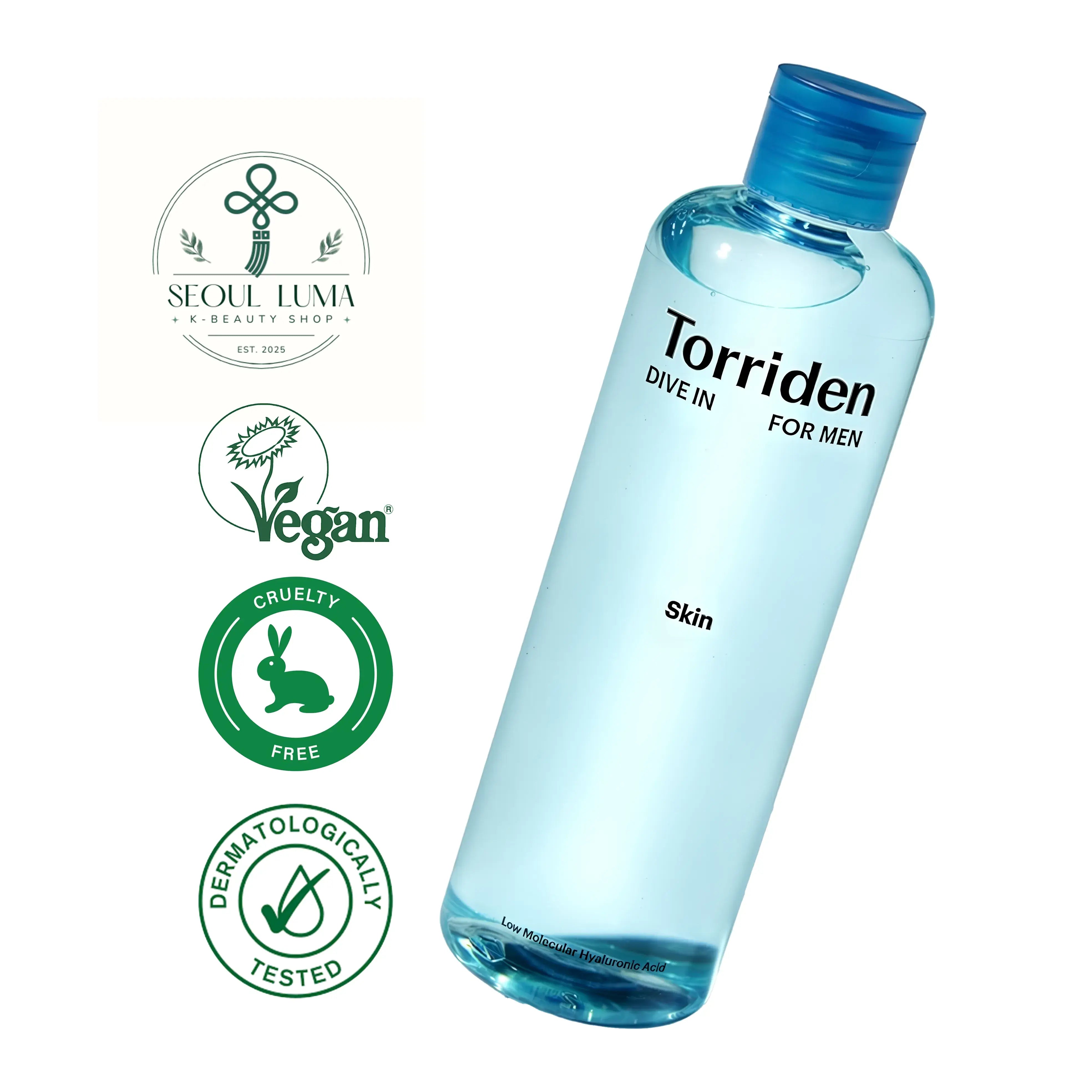 TORRIDEN DIVE-IN Low Molecular Hyaluronic Skin for Men with 5D complex, zinc PCA, and panthenol for men's daily toning
