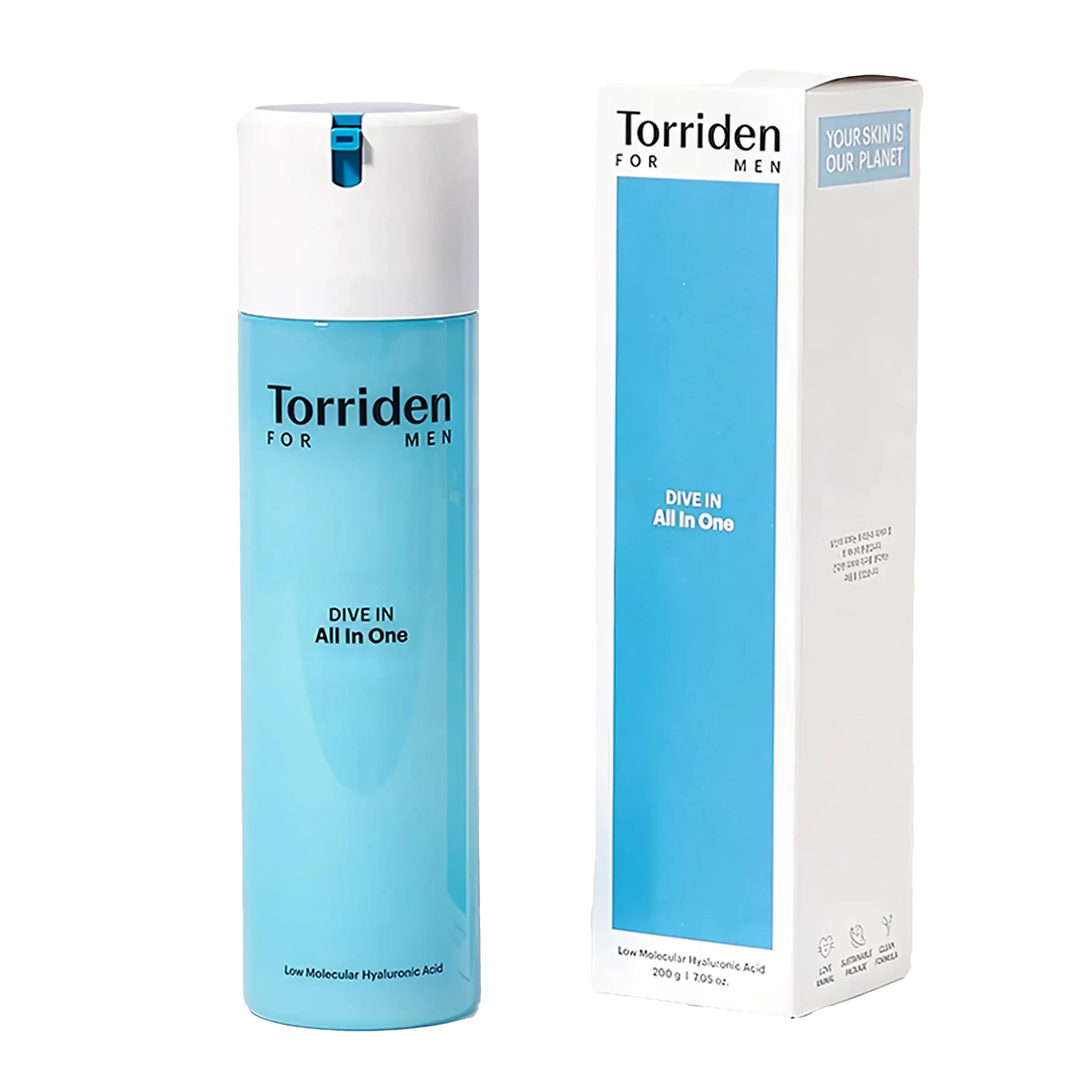 Torriden DIVE-IN Low Molecular Hyaluronic All-in-One for Men (200ml), lightweight gel moisturizer for men's oily, dehydrated skin with 5D hyaluronic acid, panthenol, zinc PCA, allantoin to provide deep hydration, control sebum, soothe post-shave irritation without stickiness.
