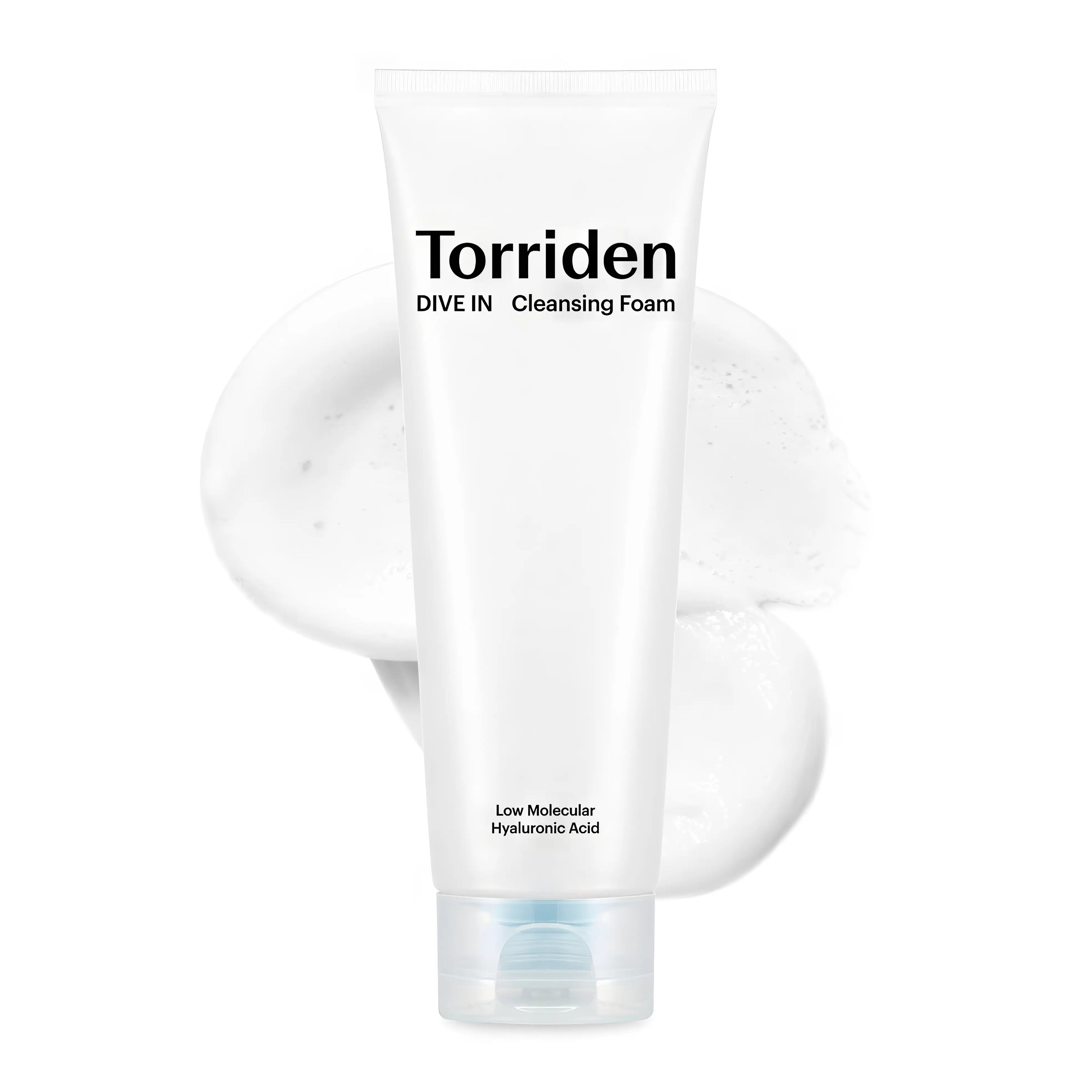 Torriden DIVE-IN Low Molecular Hyaluronic Cleansing Foam (150ml), pH-balanced foaming cleanser for sensitive, dry, all skin types with 8D hyaluronic acid complex, panthenol, allantoin, tocopherol, witch hazel, green tea, chamomile, malachite extracts to gently remove impurities, deeply hydrate multi-layers, soothe irritation, protect barrier without tightness.
