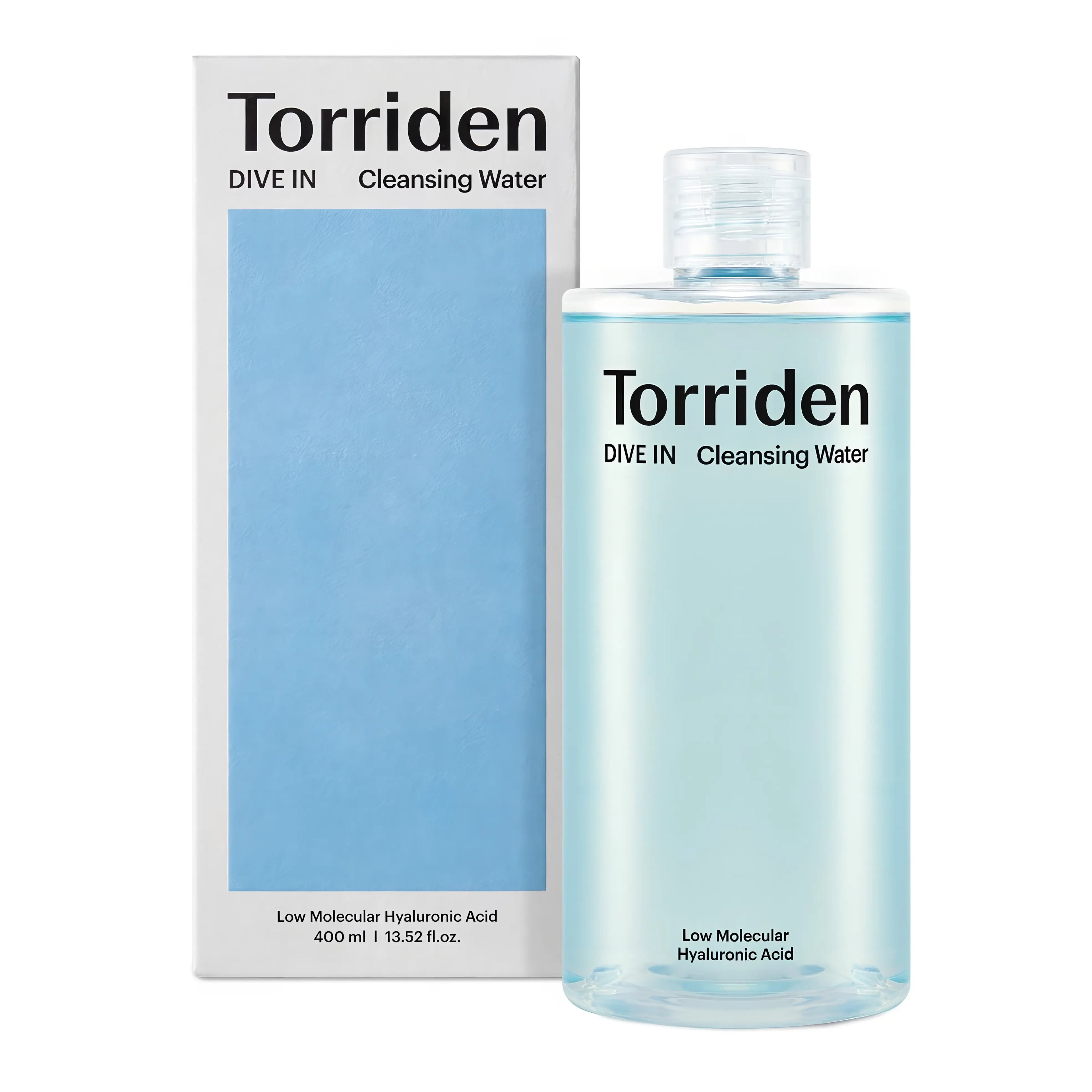 Torriden DIVE-IN Low Molecular Hyaluronic Cleansing Water (400ml), gentle no-rinse makeup remover for sensitive, dry skin with 8D hyaluronic acid complex, panthenol, allantoin, witch hazel, green tea, chamomile extracts to remove impurities, mineral sunscreen, provide deep hydration, soothe irritation, revitalize barrier.
