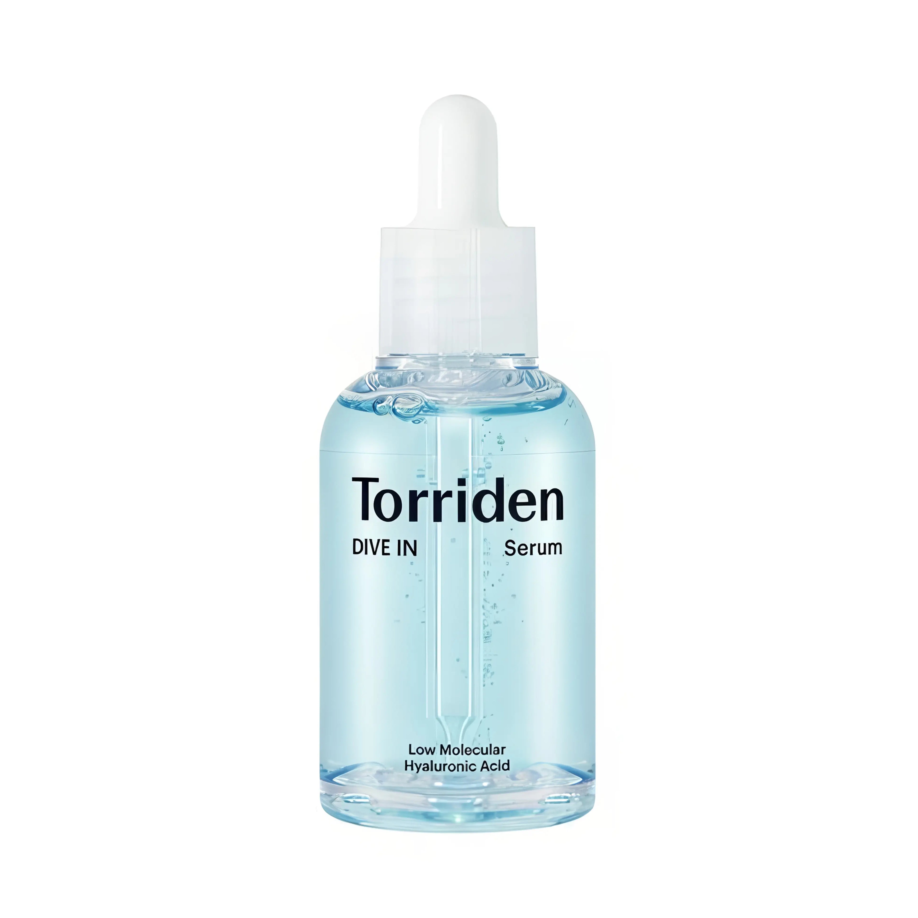 Torriden DIVE-IN Low Molecular Hyaluronic Serum (50ml), lightweight hydrating serum for dehydrated, sensitive skin with 5D hyaluronic acid complex, panthenol, ceramide NP, madecassoside, purslane to provide multi-layer hydration, soothe irritation, plump fine lines without stickiness.
