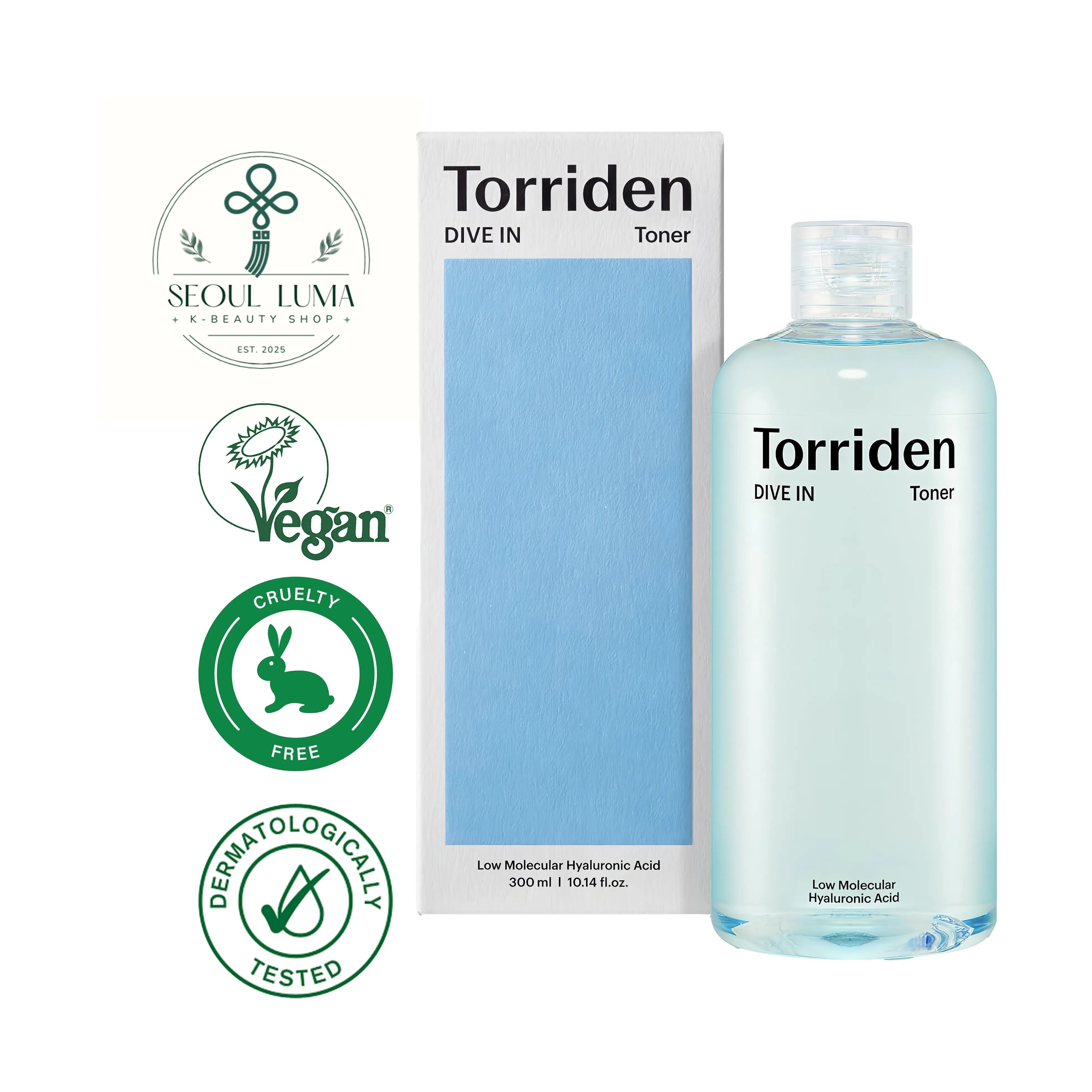 TORRIDEN DIVE‑IN Low Molecular Hyaluronic Toner with 5D hyaluronic acid complex, panthenol, and allantoin for deep hydration and barrier support