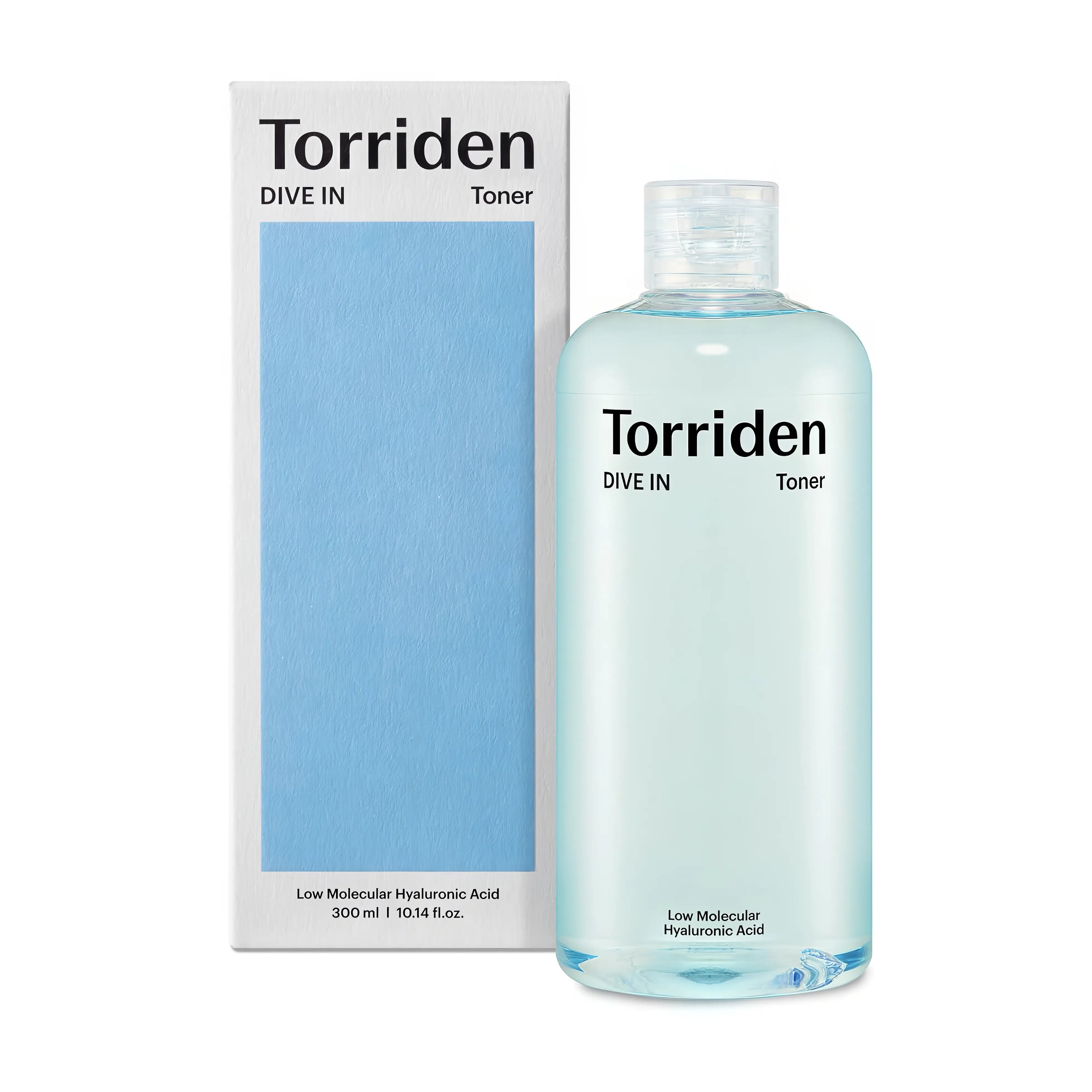 Torriden DIVE-IN Low Molecular Hyaluronic Toner (300ml), hypoallergenic watery toner for dehydrated, sensitive skin with 5D hyaluronic acid complex, panthenol, allantoin, malachite extract, purslane to provide deep multi-layer hydration, refine texture, soothe irritation.
