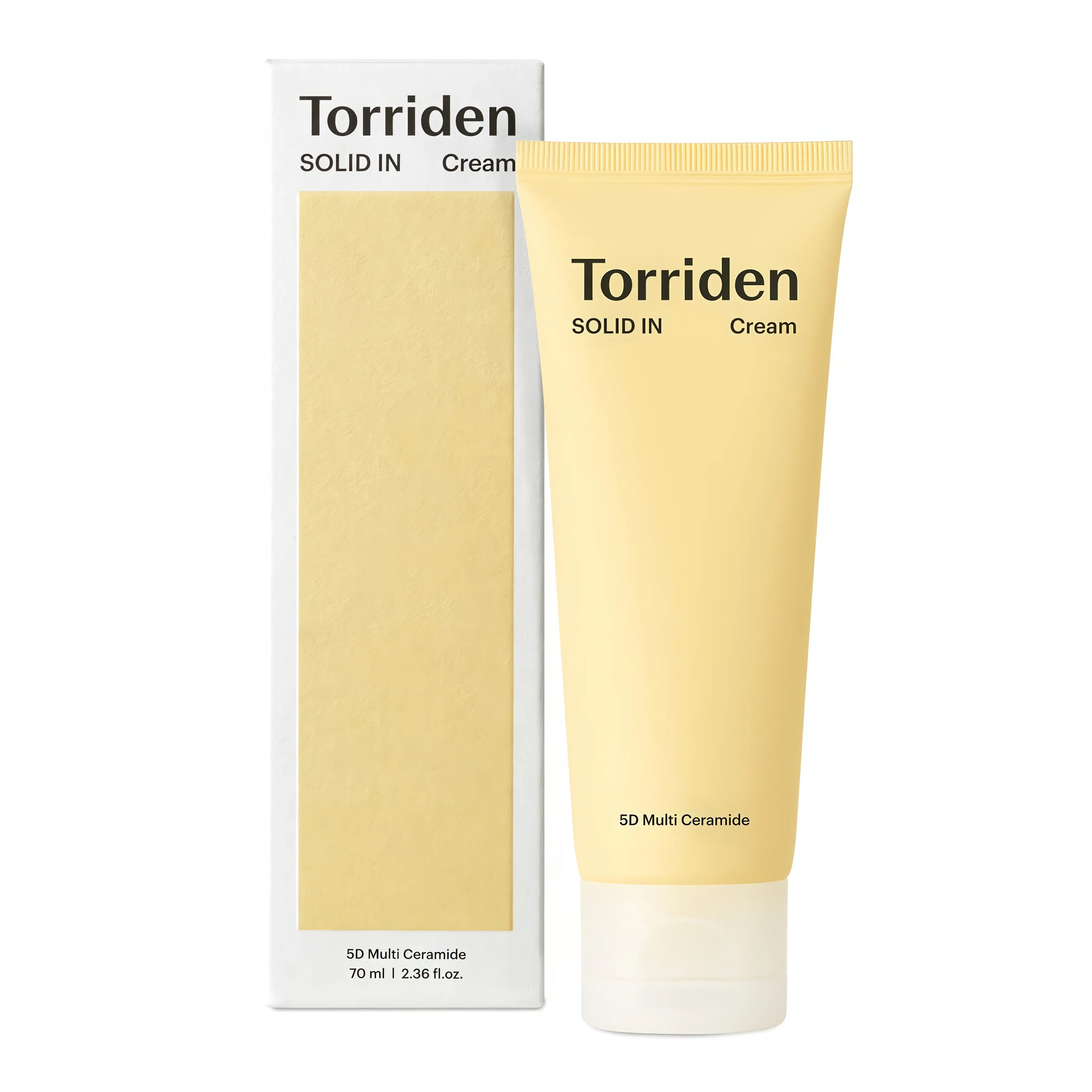 Torriden SOLID-IN Ceramide Cream (70ml), rich barrier repair cream for dry, sensitive skin with 5D ceramide complex, phytosphingosine, panthenol, jojoba oil, rice bran oil to strengthen moisture barrier, provide 100-hour hydration, soothe irritation without greasiness.
