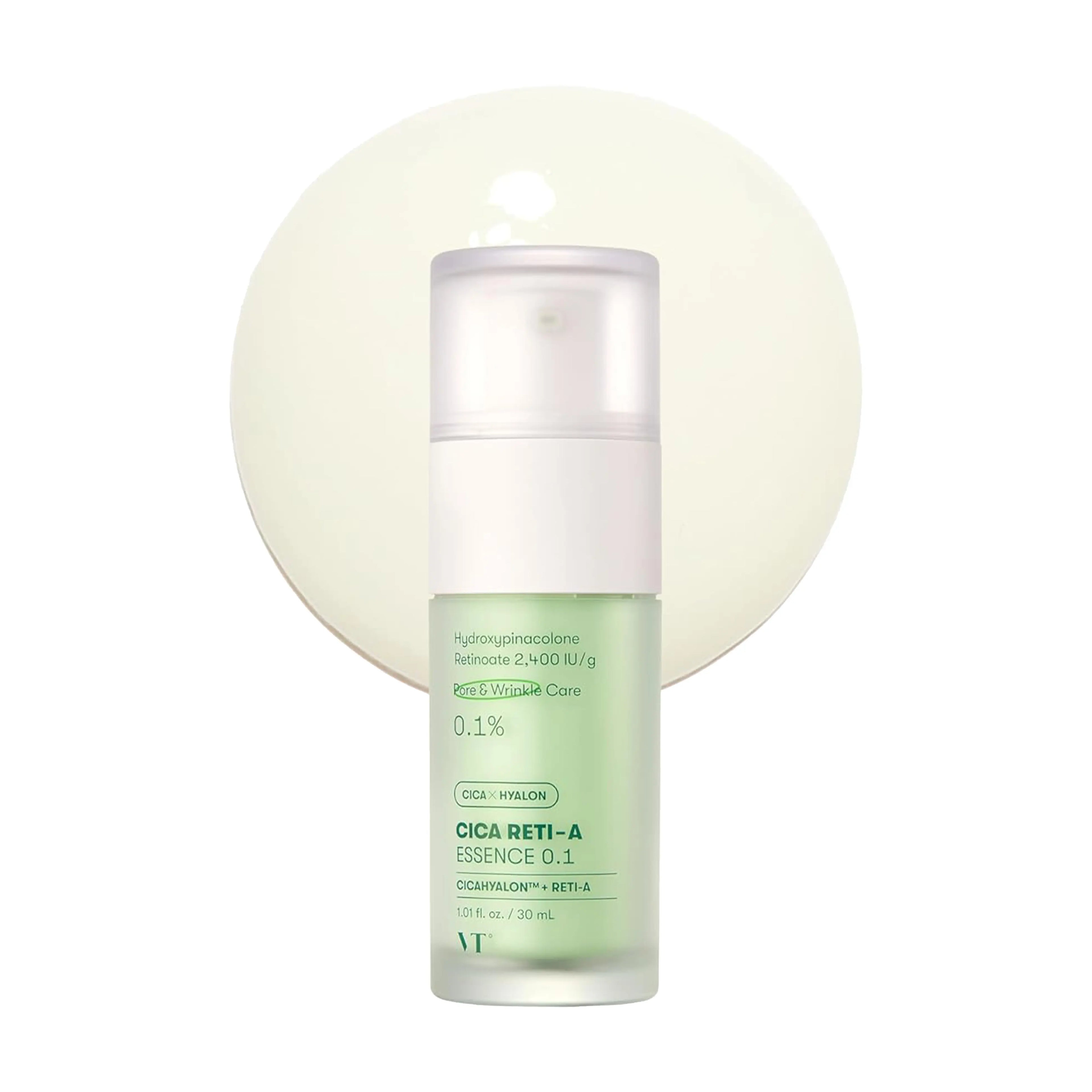 VT Cica Reti-A Essence 30ml collection. Four levels (0.1, 0.3, 0.5, 0.7) of low-irritation retinol for pore tightening and texture refining