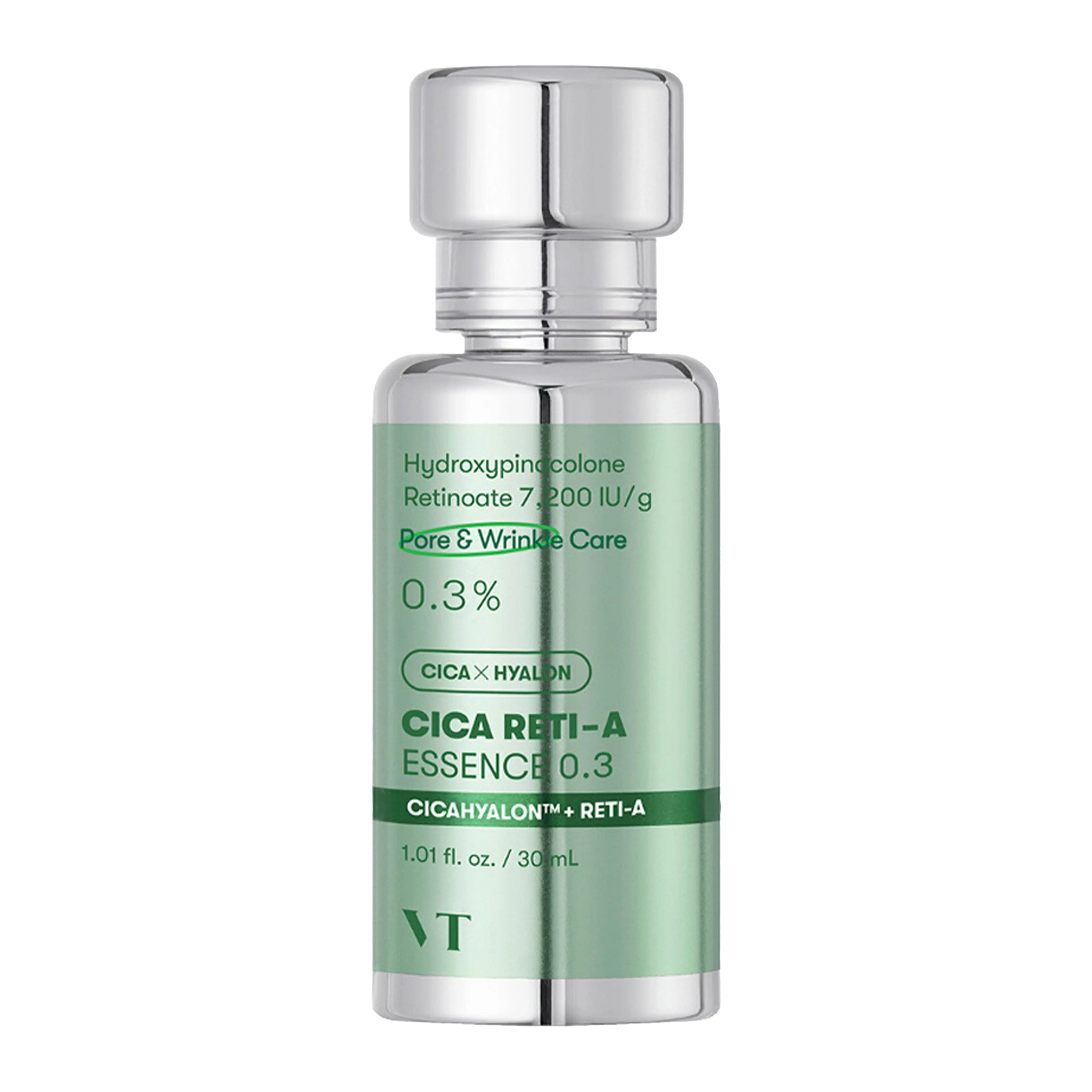 VT Cica Reti-A Essence 30ml collection. Four levels (0.1, 0.3, 0.5, 0.7) of low-irritation retinol for pore tightening and texture refining