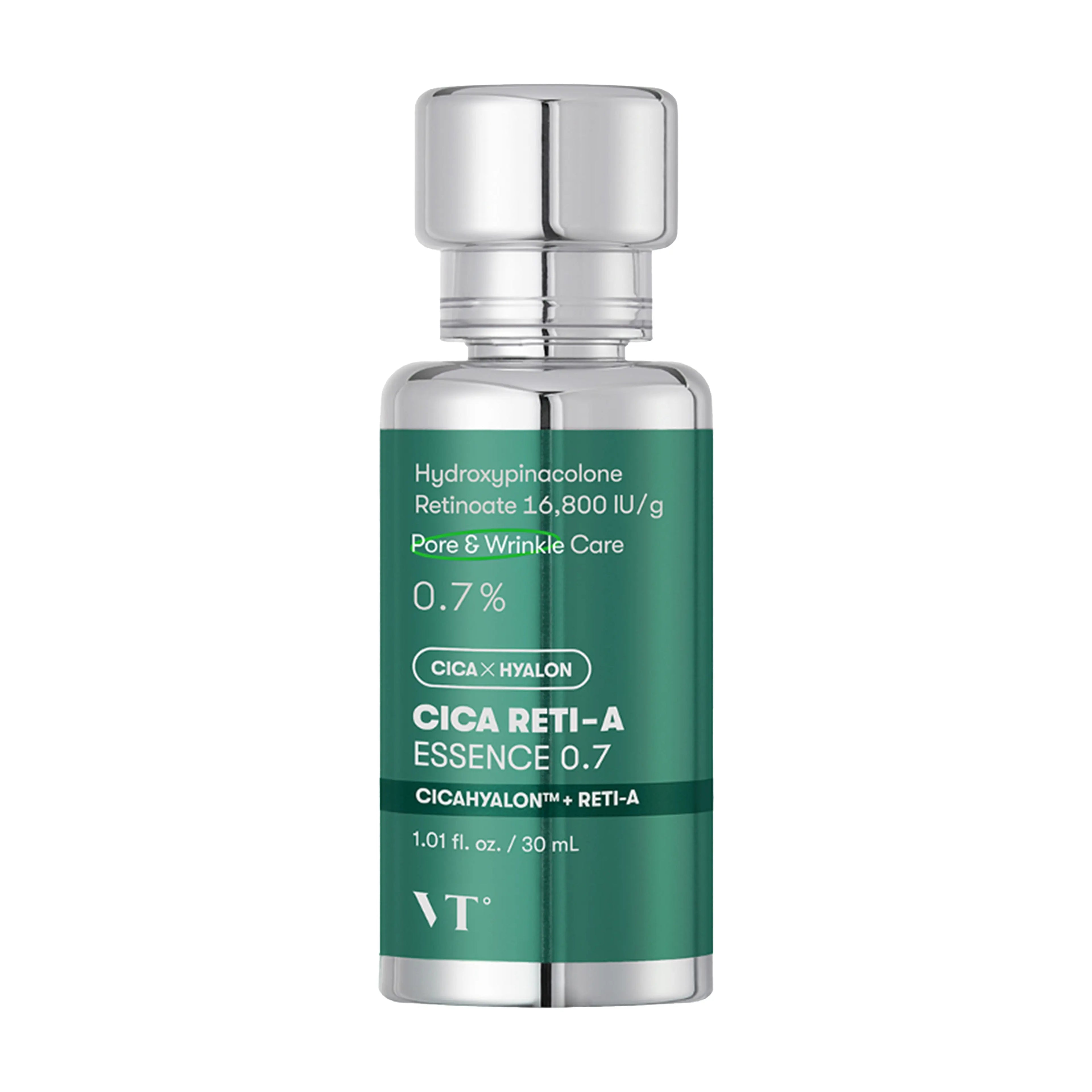 VT Cica Reti-A Essence 30ml collection. Four levels (0.1, 0.3, 0.5, 0.7) of low-irritation retinol for pore tightening and texture refining