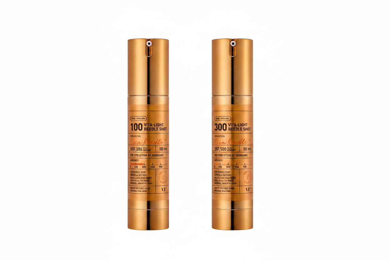 VT Vita-Light Reedle Shot 100 and 300 50ml showcasing the dual-intensity micro-needle brightening essence bottles that fade dark spots in Korean skincare.